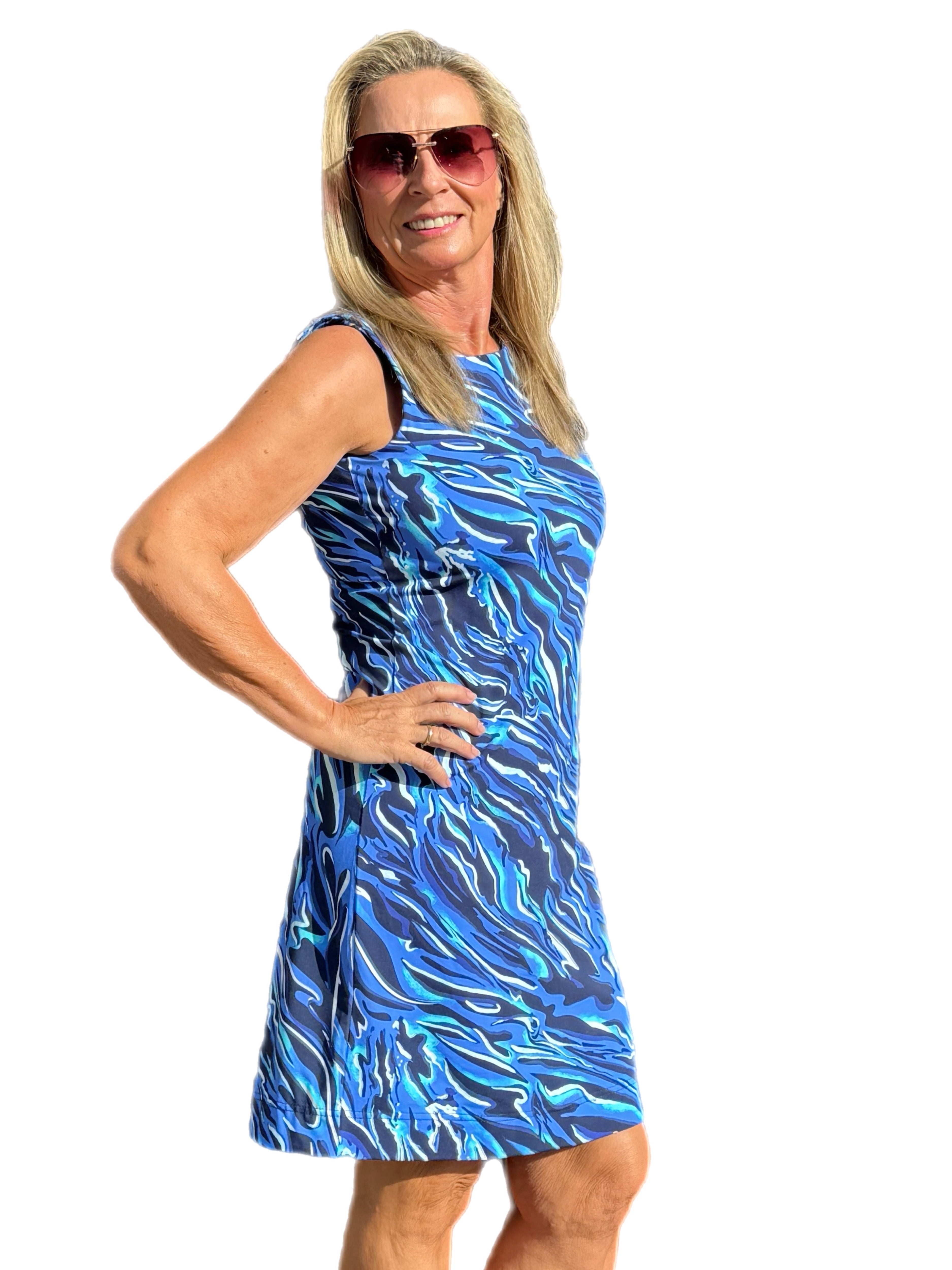 Classic Shift Dress with UPF50+ Navy Animal - Back of the Bay Boutique