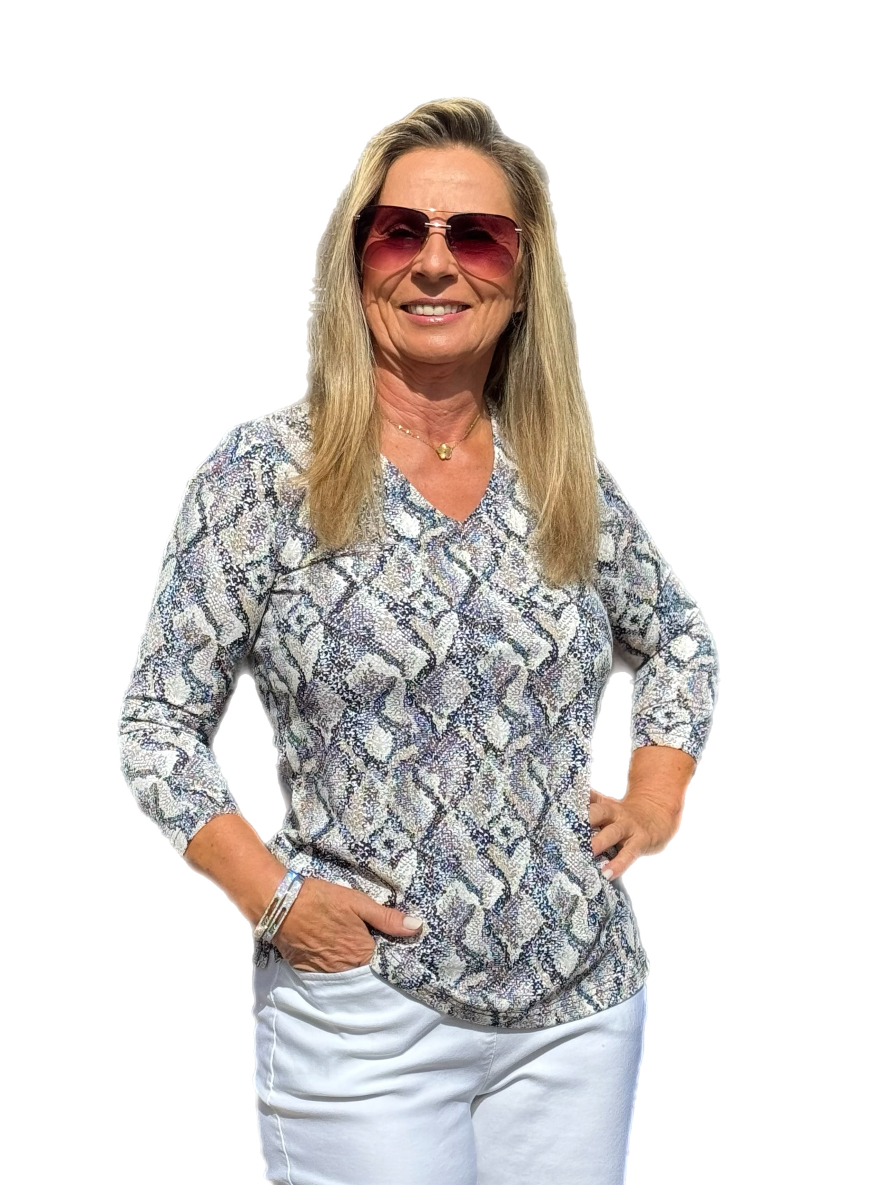 V-Neck Top with UPF50+ Taupe Python - Back of the Bay Boutique