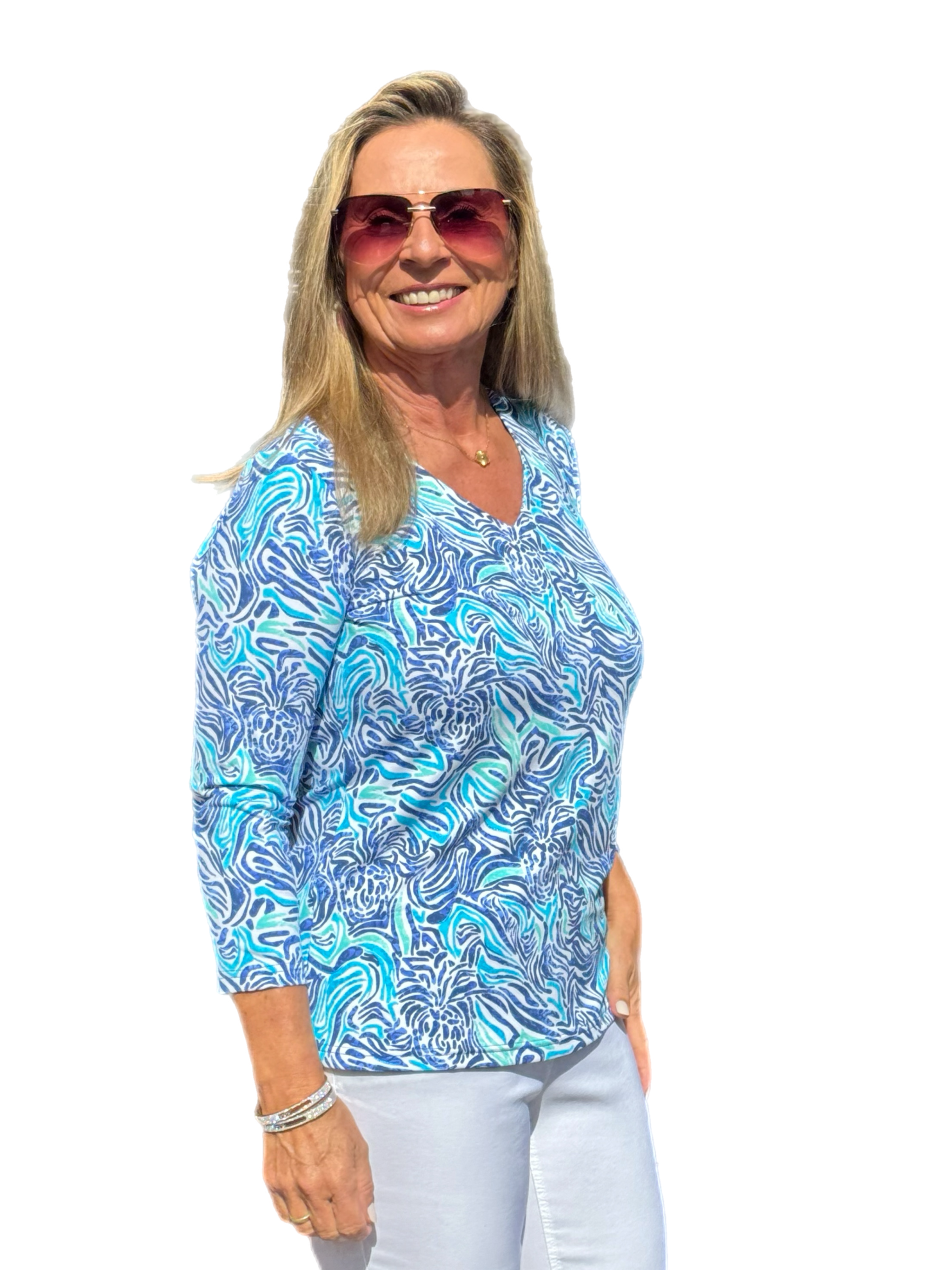 V-Neck Top with UPF50+ Light Peri Zebra - Back of the Bay Boutique