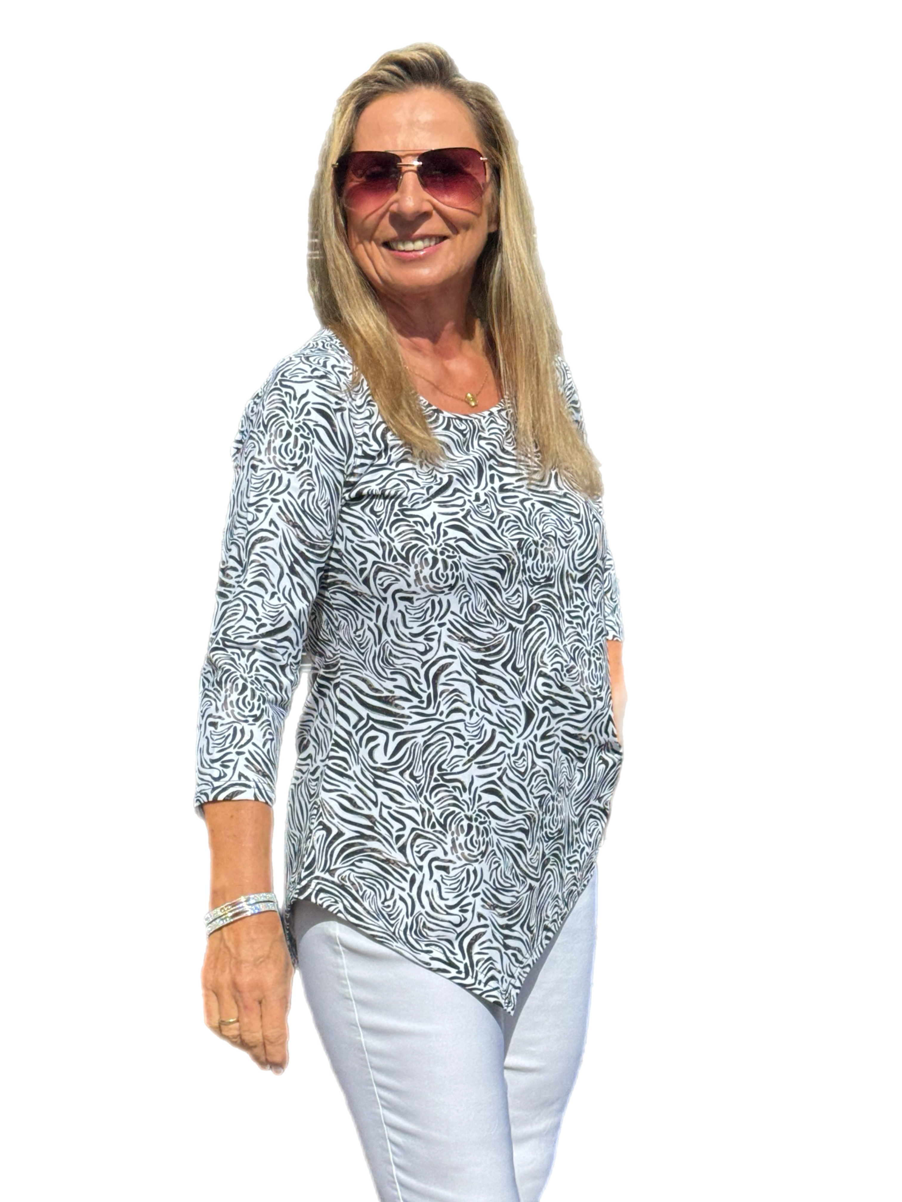 Asymmetrical Hemline Top with UPF50+ Black Zebra - Back of the Bay Boutique