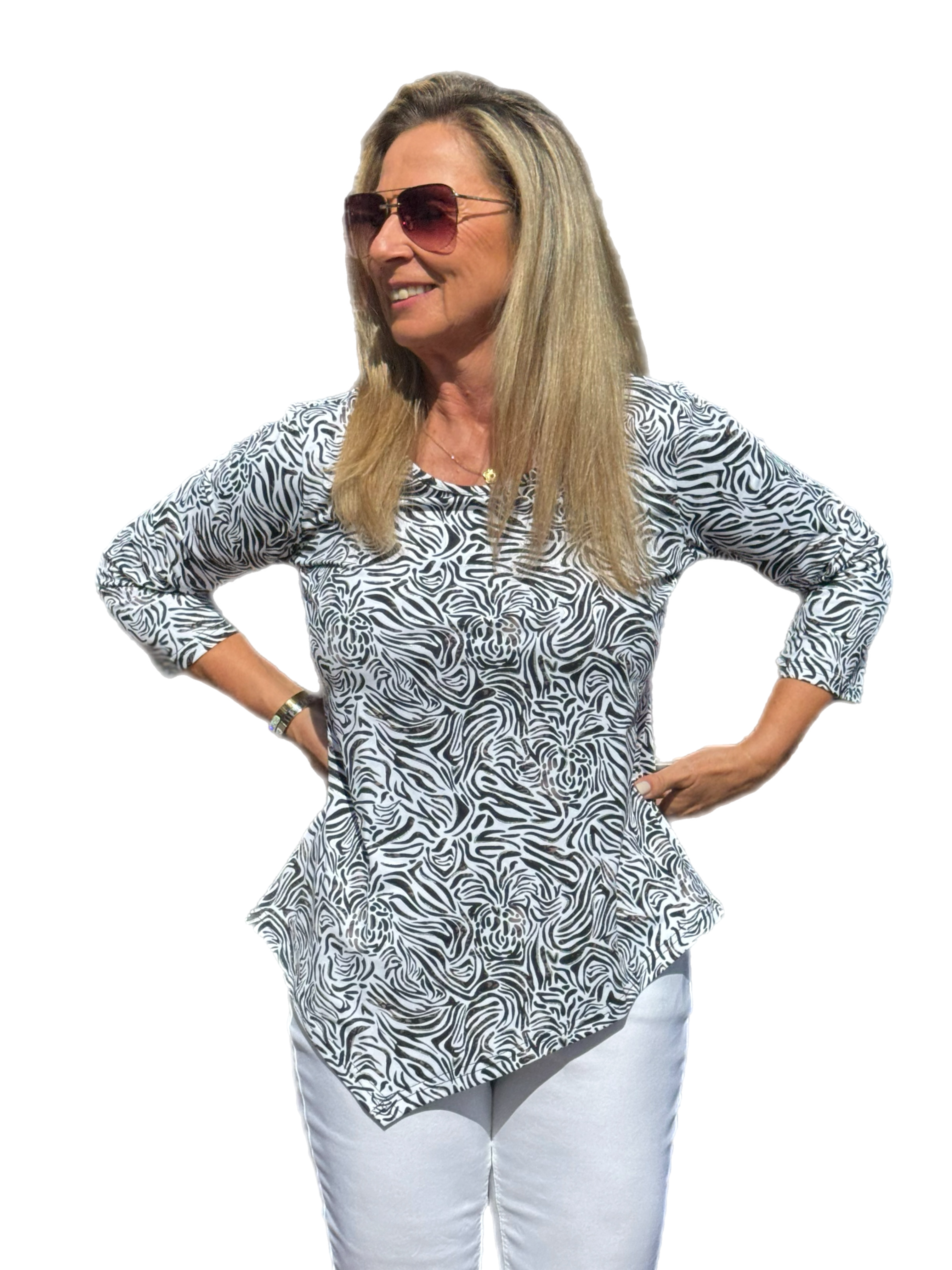 Asymmetrical Hemline Top with UPF50+ Black Zebra - Back of the Bay Boutique