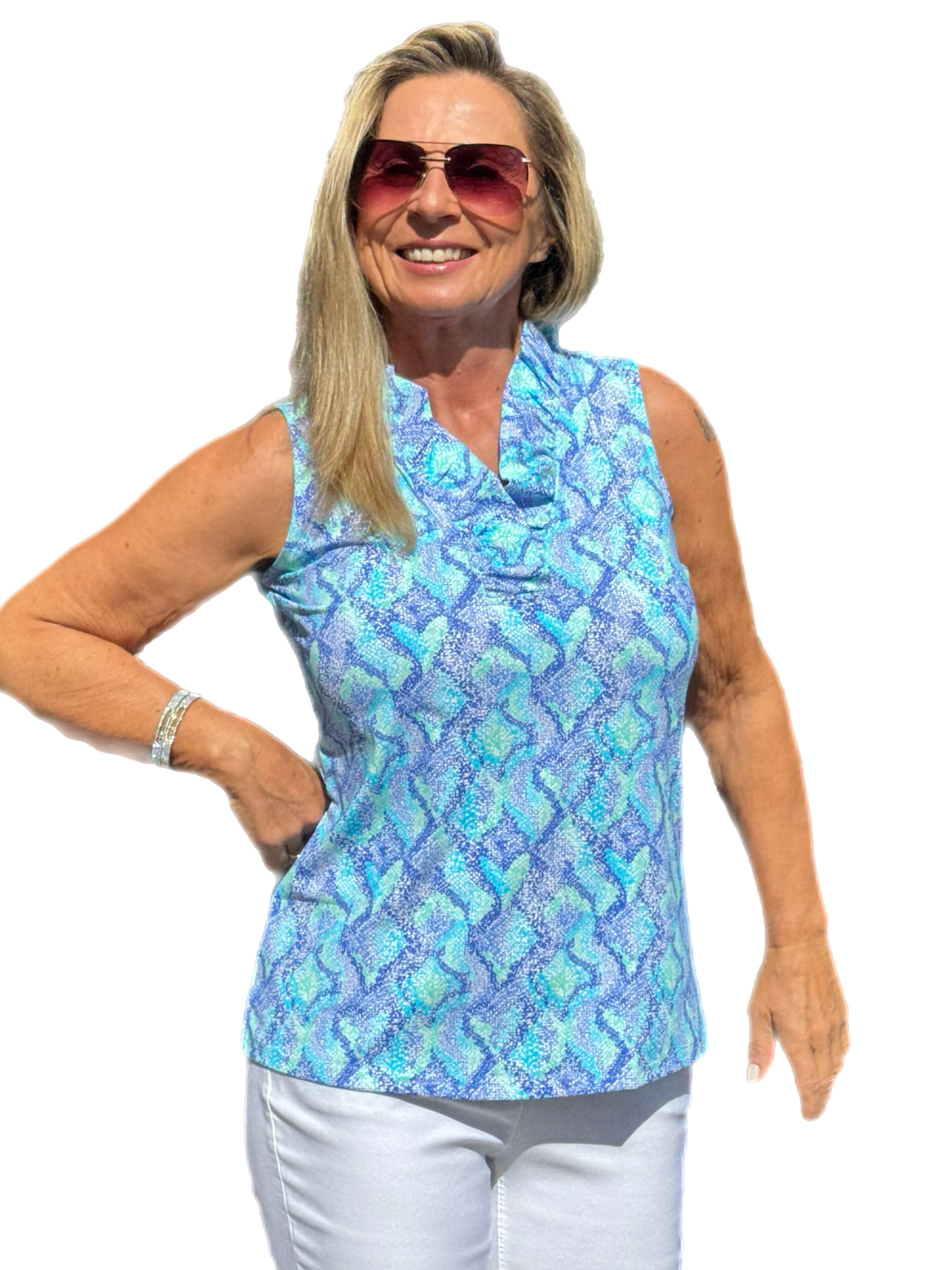 Ruffle-Neck Top with UPF50+ Seafoam Python - Back of the Bay Boutique
