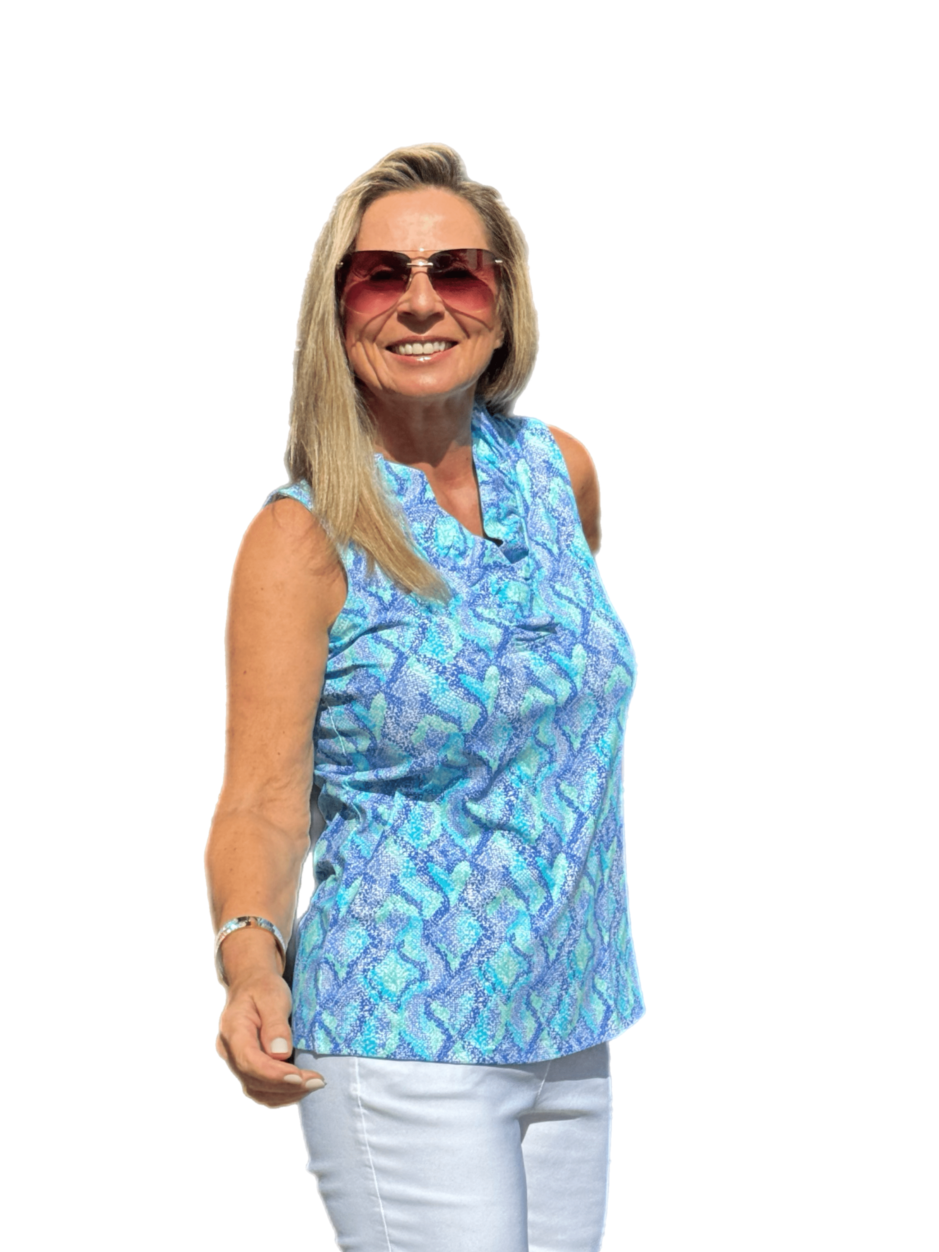Ruffle-Neck Top with UPF50+ Seafoam Python - Back of the Bay Boutique