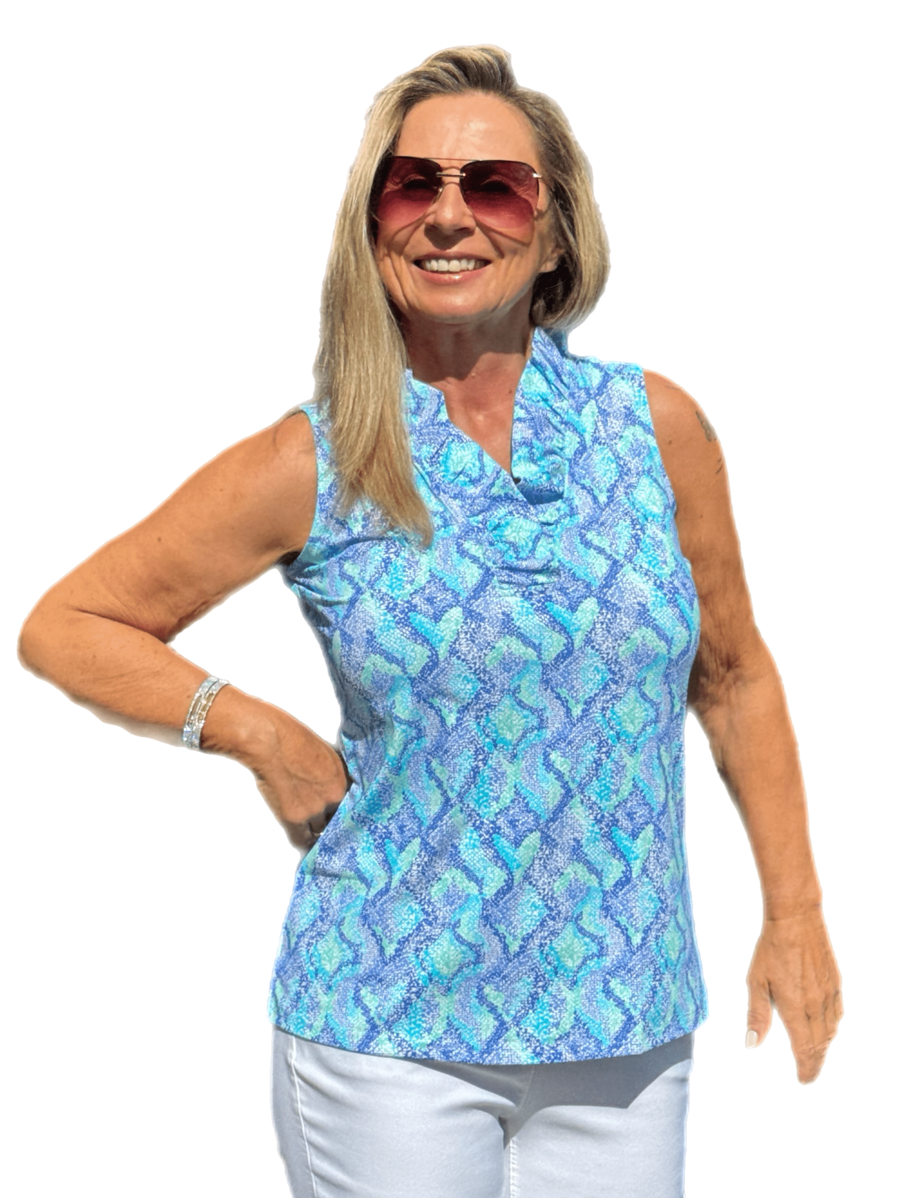 Ruffle-Neck Top with UPF50+ Seafoam Python - Back of the Bay Boutique