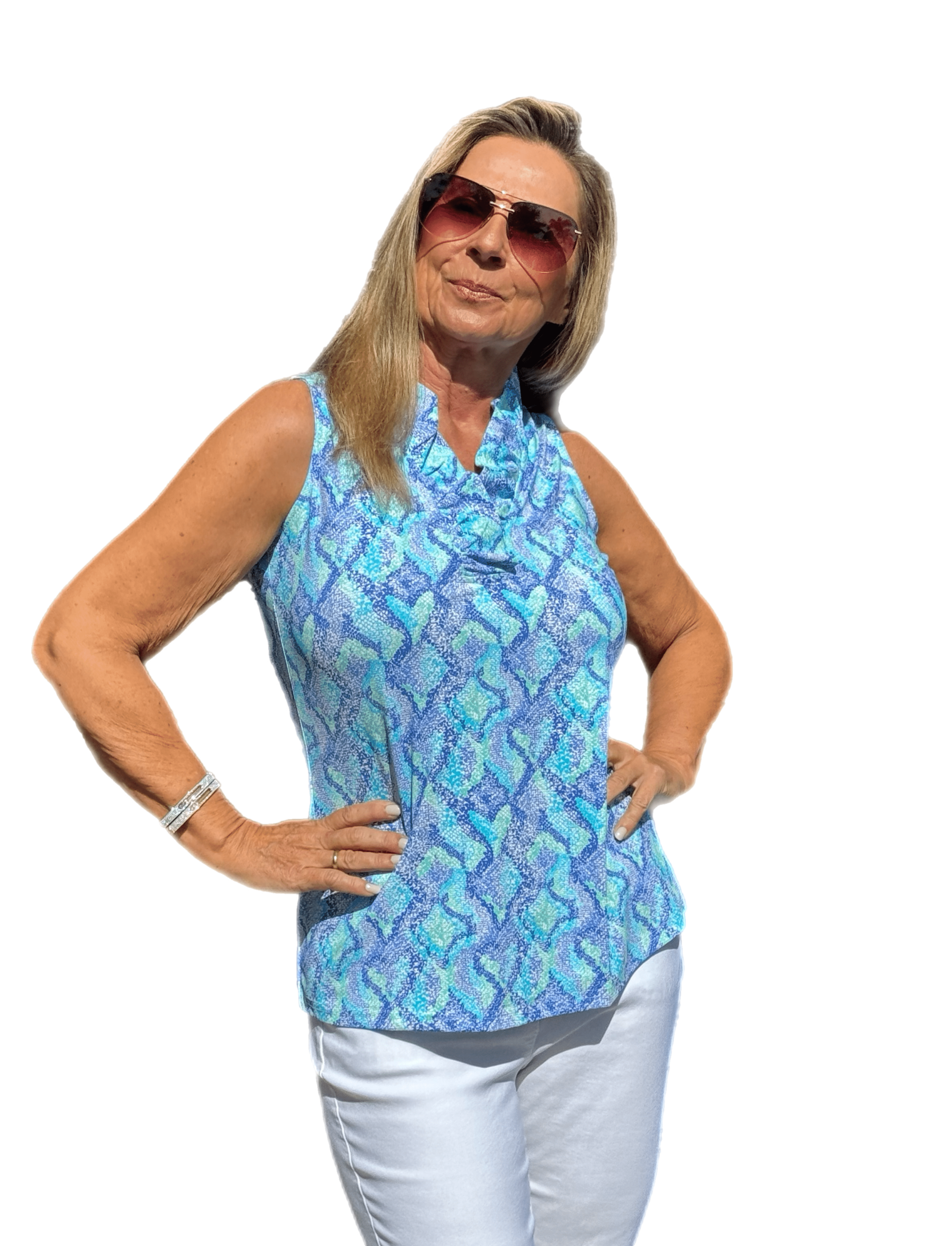 Ruffle-Neck Top with UPF50+ Seafoam Python - Back of the Bay Boutique