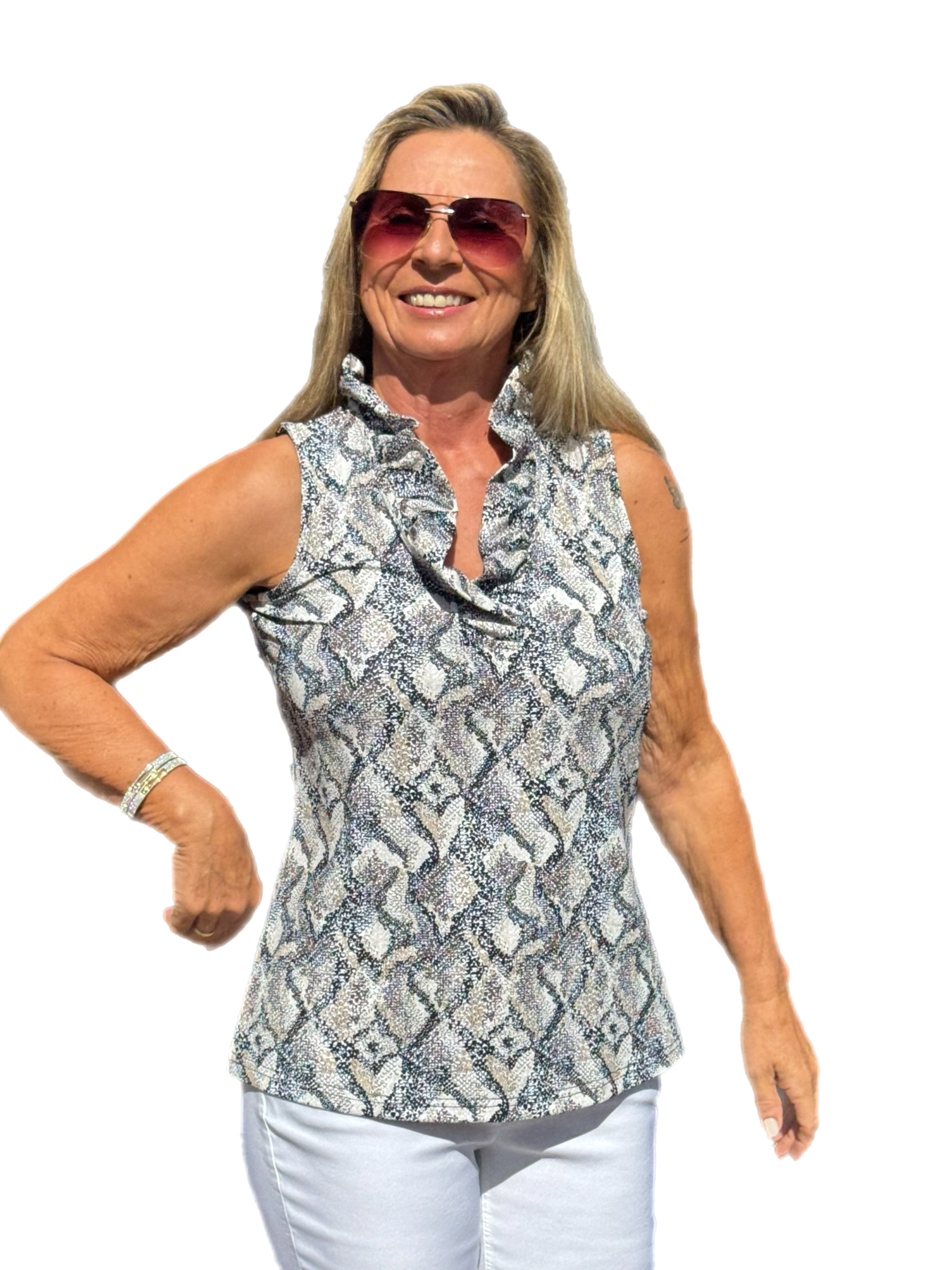Ruffle-Neck Top with UPF50+ Taupe Python - Back of the Bay Boutique