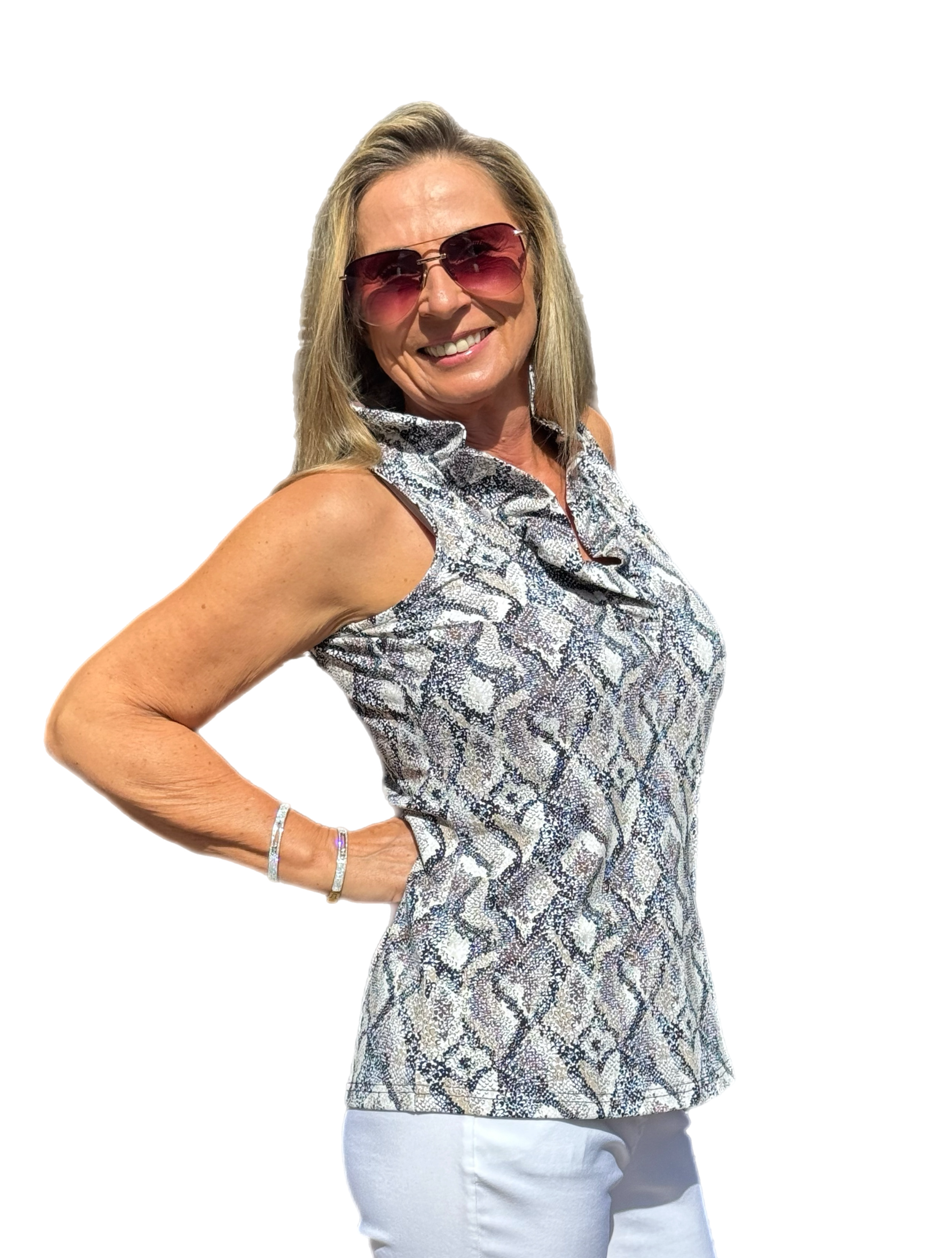 Ruffle-Neck Top with UPF50+ Taupe Python - Back of the Bay Boutique