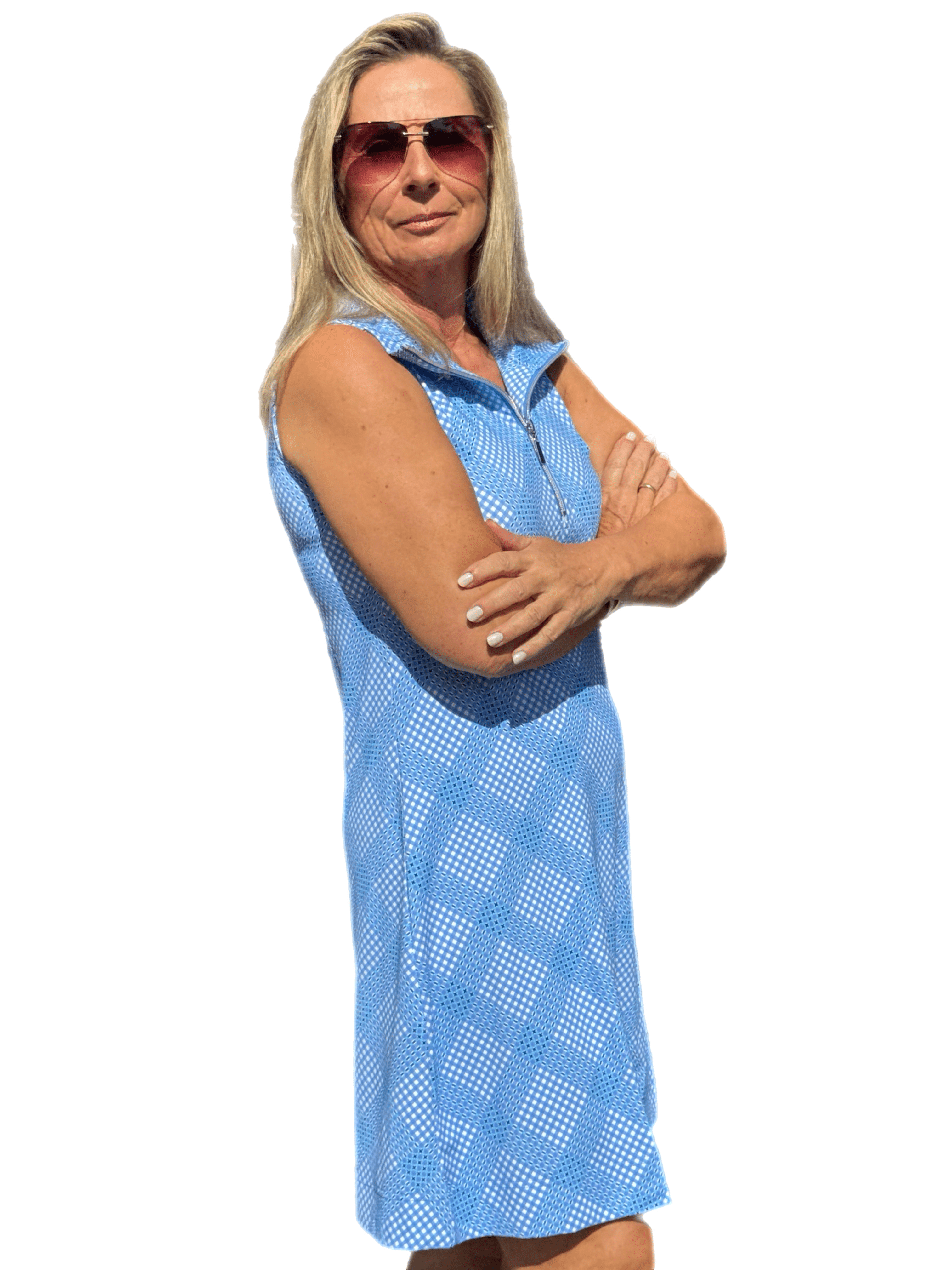 Zipper Swing Dress with UPF50+ Check Periwinkle - Back of the Bay Boutique
