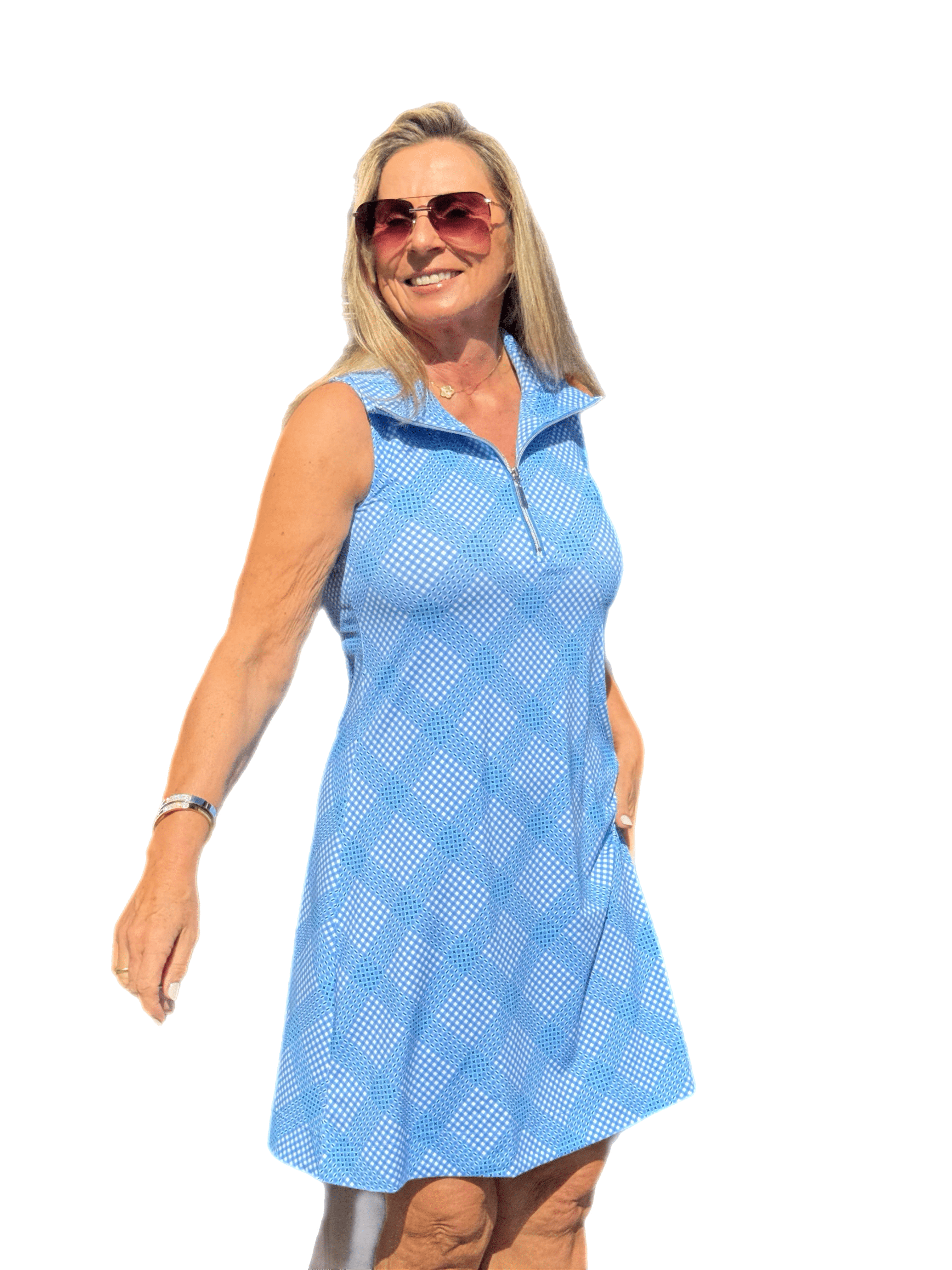 Zipper Swing Dress with UPF50+ Check Periwinkle - Back of the Bay Boutique