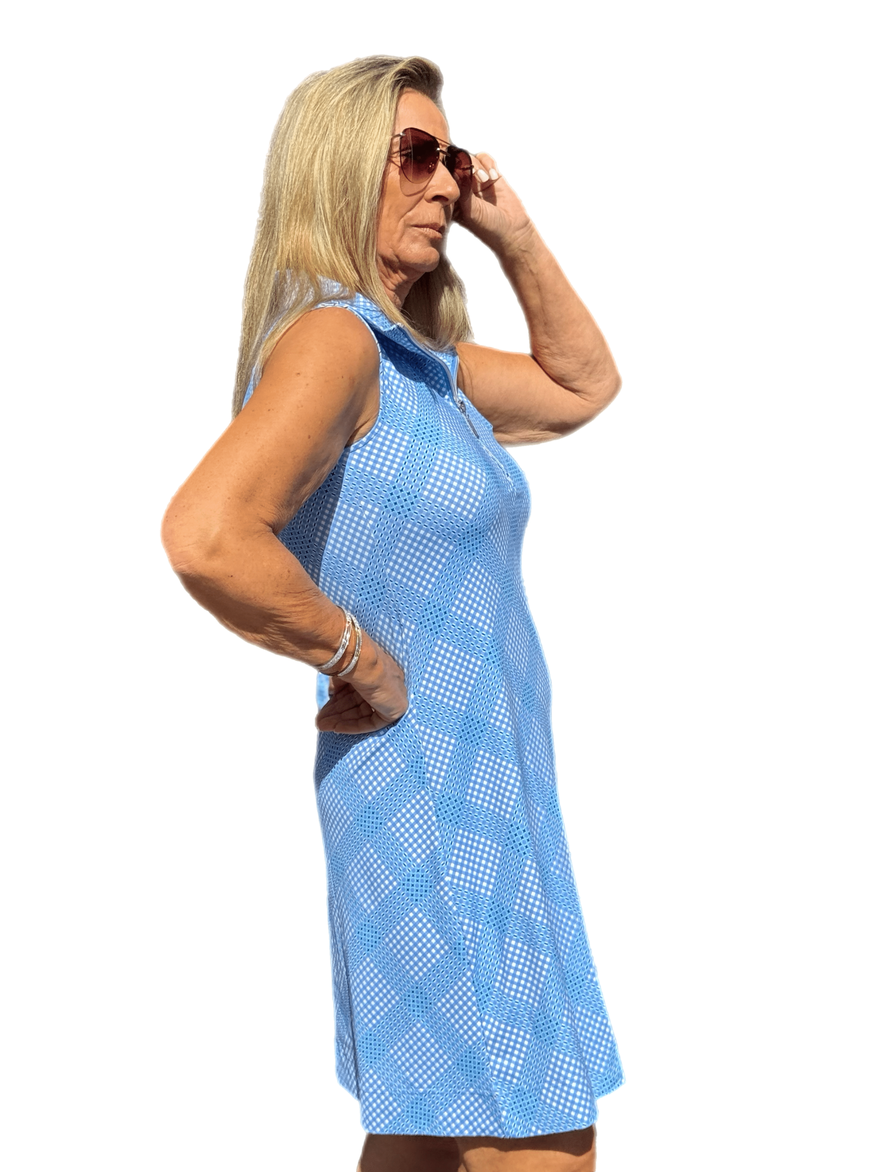 Zipper Swing Dress with UPF50+ Check Periwinkle - Back of the Bay Boutique