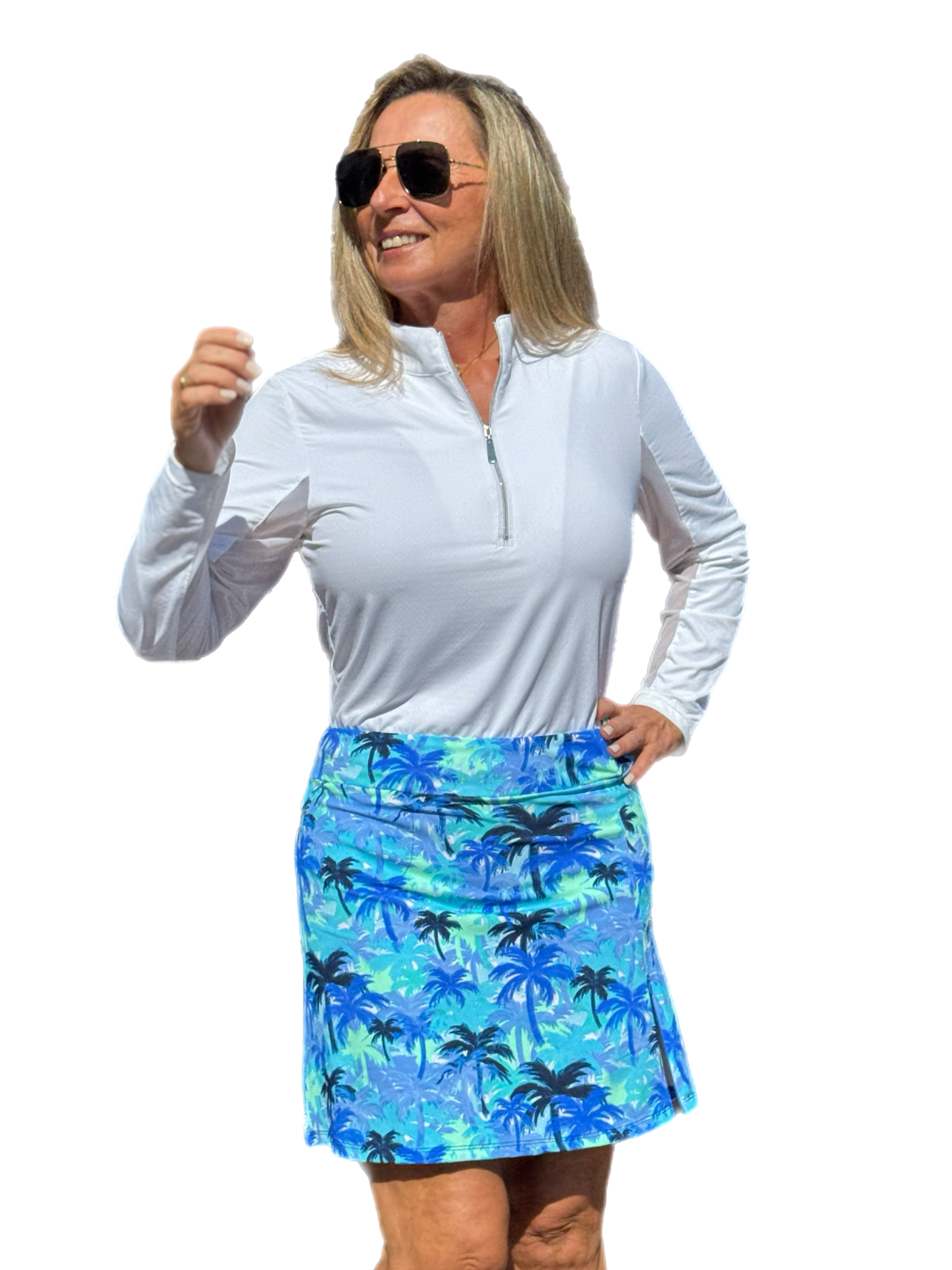 Pull-on Zip Skort with UPF50+ Palm Tree Blue - Back of the Bay Boutique