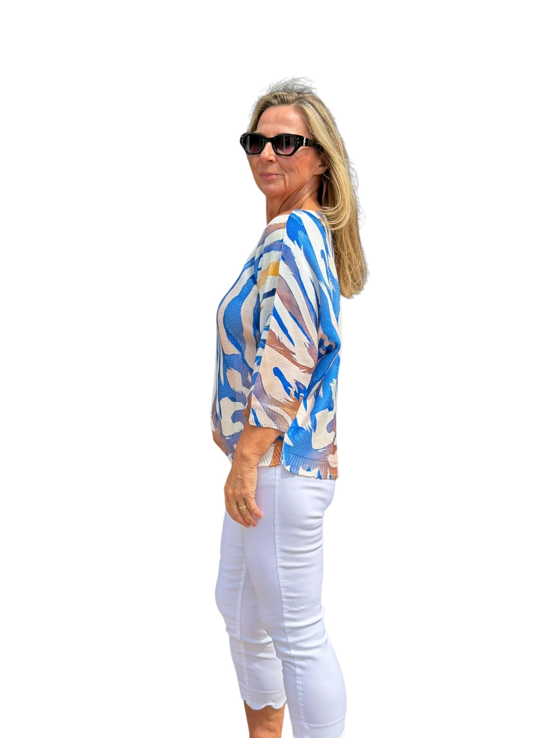 Short Sleeve Knit Sweater Blue Flames - MADE IN ITALY - Back of the Bay Boutique