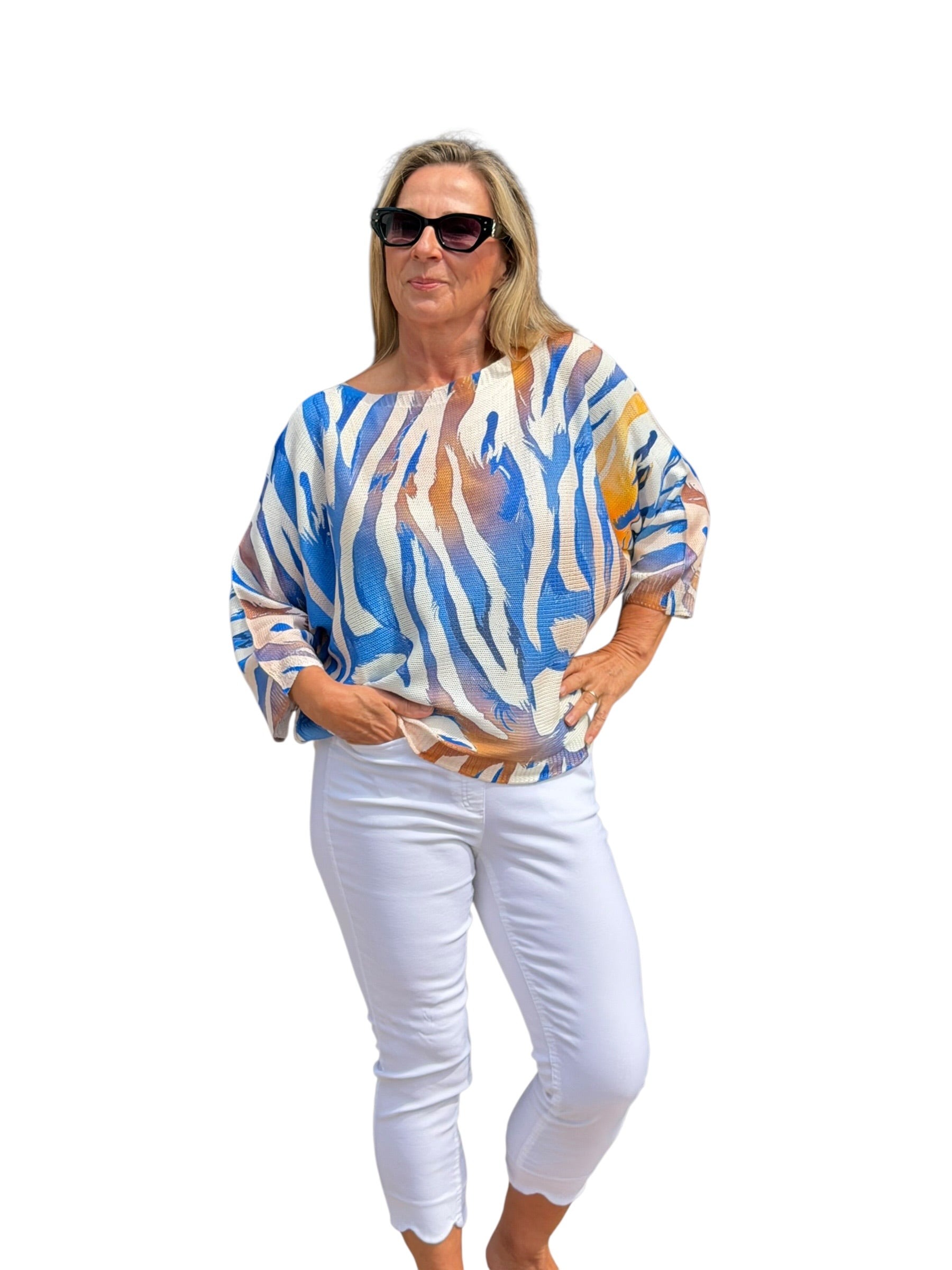 Short Sleeve Knit Sweater Blue Flames - MADE IN ITALY - Back of the Bay Boutique