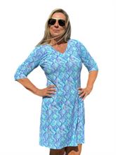 Load image into Gallery viewer, Elbow-Sleeve Travel Dress with UPF50+ Seafoam Python
