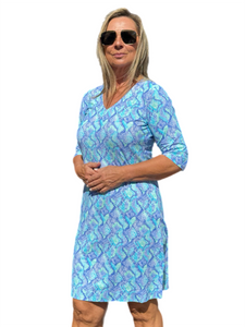 Elbow-Sleeve Travel Dress with UPF50+ Seafoam Python