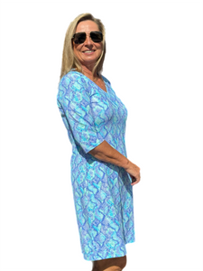 Elbow-Sleeve Travel Dress with UPF50+ Seafoam Python