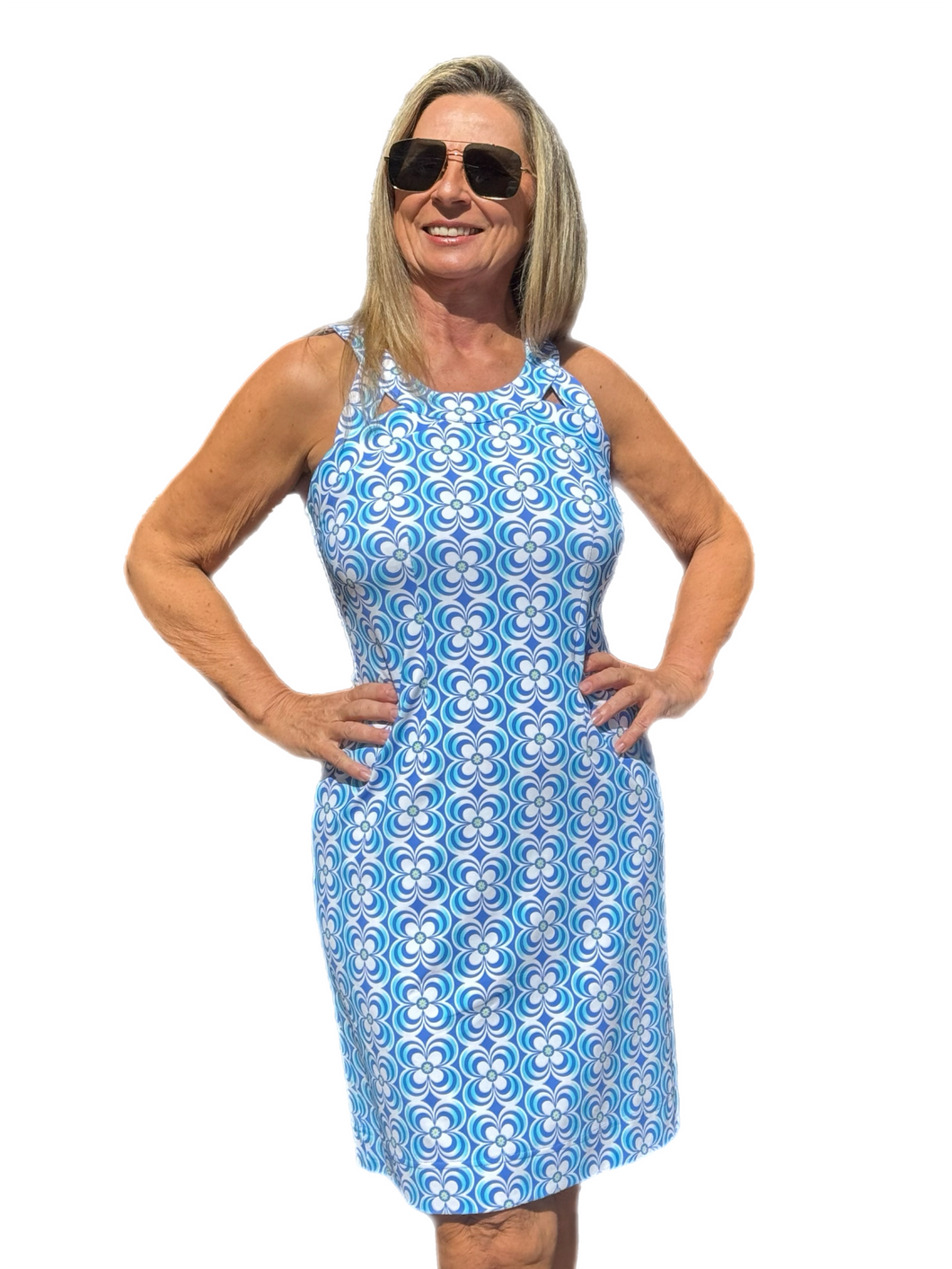 Cut-out Sleeveless Dress with UPF50+ Floral Periwinkle