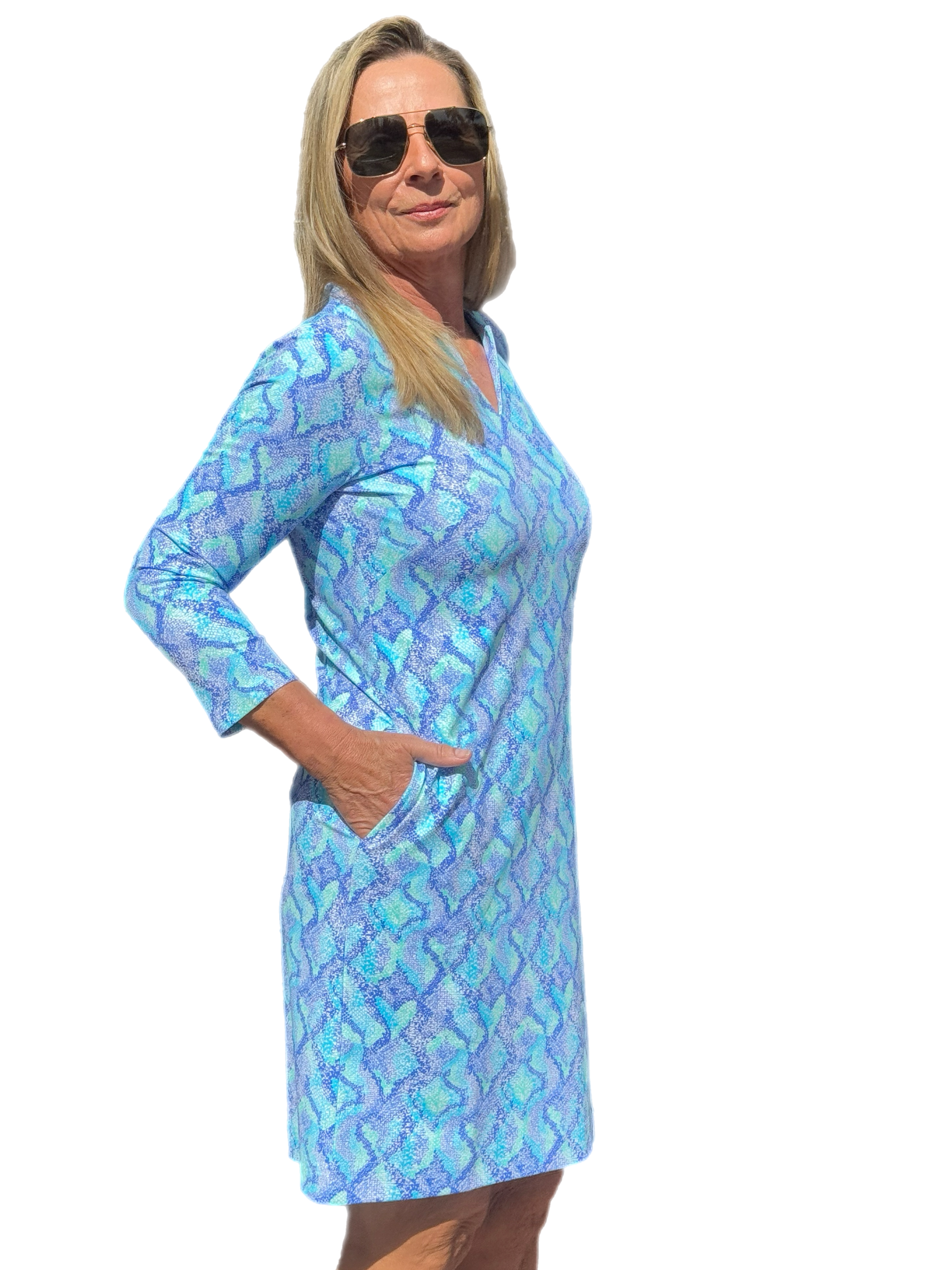 Notched V-Neck Travel Dress with UPF50+ Seafoam Python - Back of the Bay Boutique