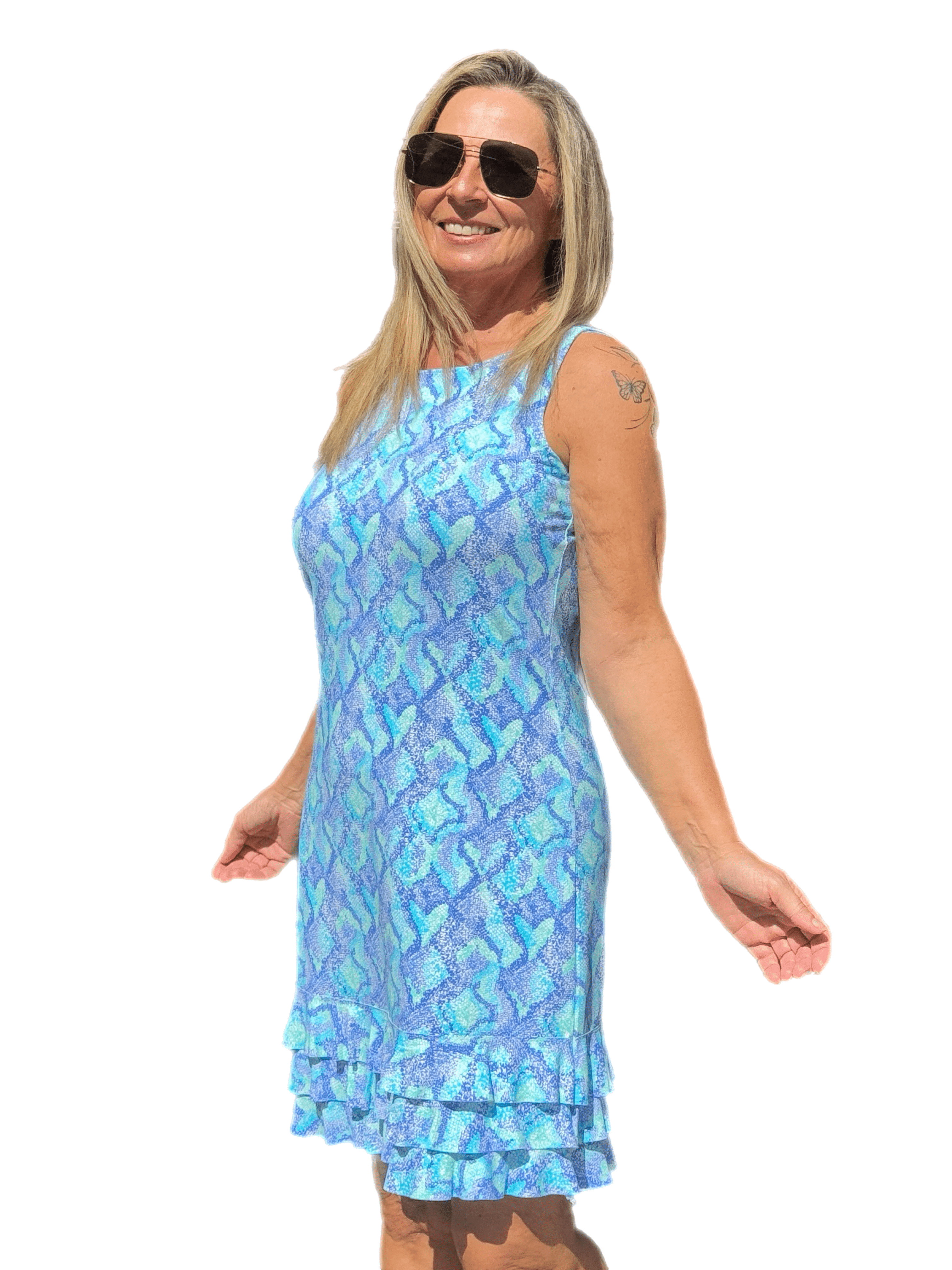 Sleeveless Dress with Ruffles with UPF50+ Seafoam Python - Back of the Bay Boutique