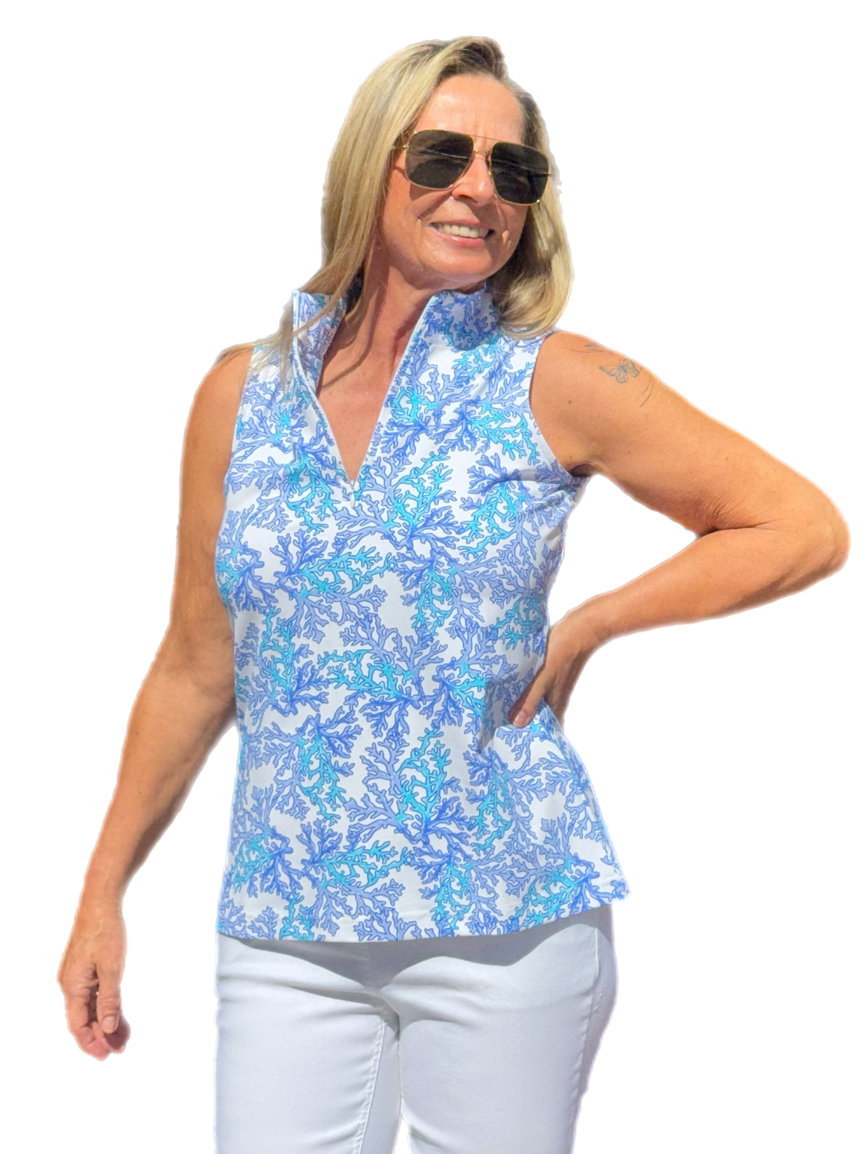 High Zip-Neck Sleeveless Top with UPF50+ Coral Blue - Back of the Bay Boutique