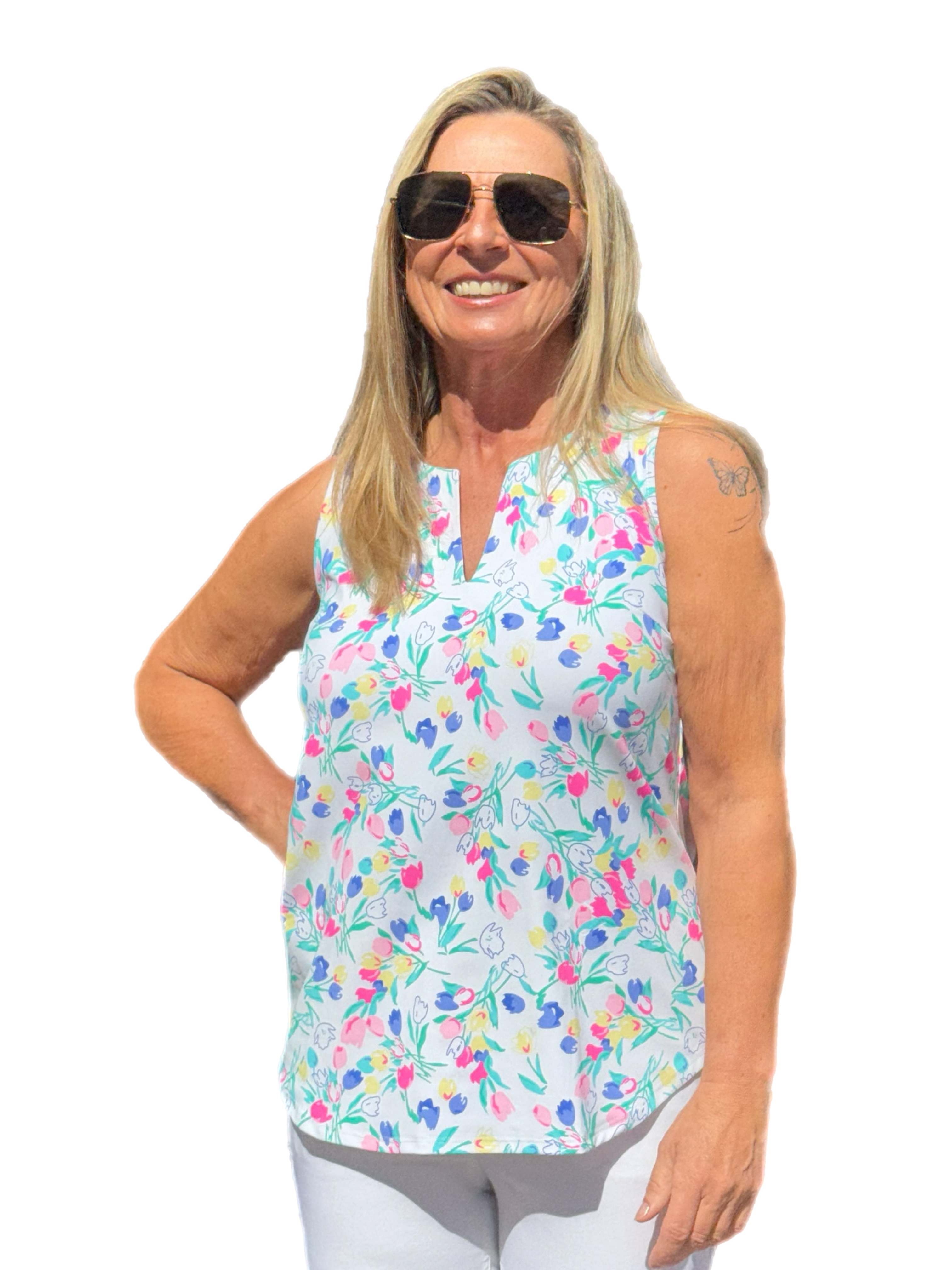 Keyhole Sleeveless Top with UPF50+ Summer Breeze Tulip - Back of the Bay Boutique