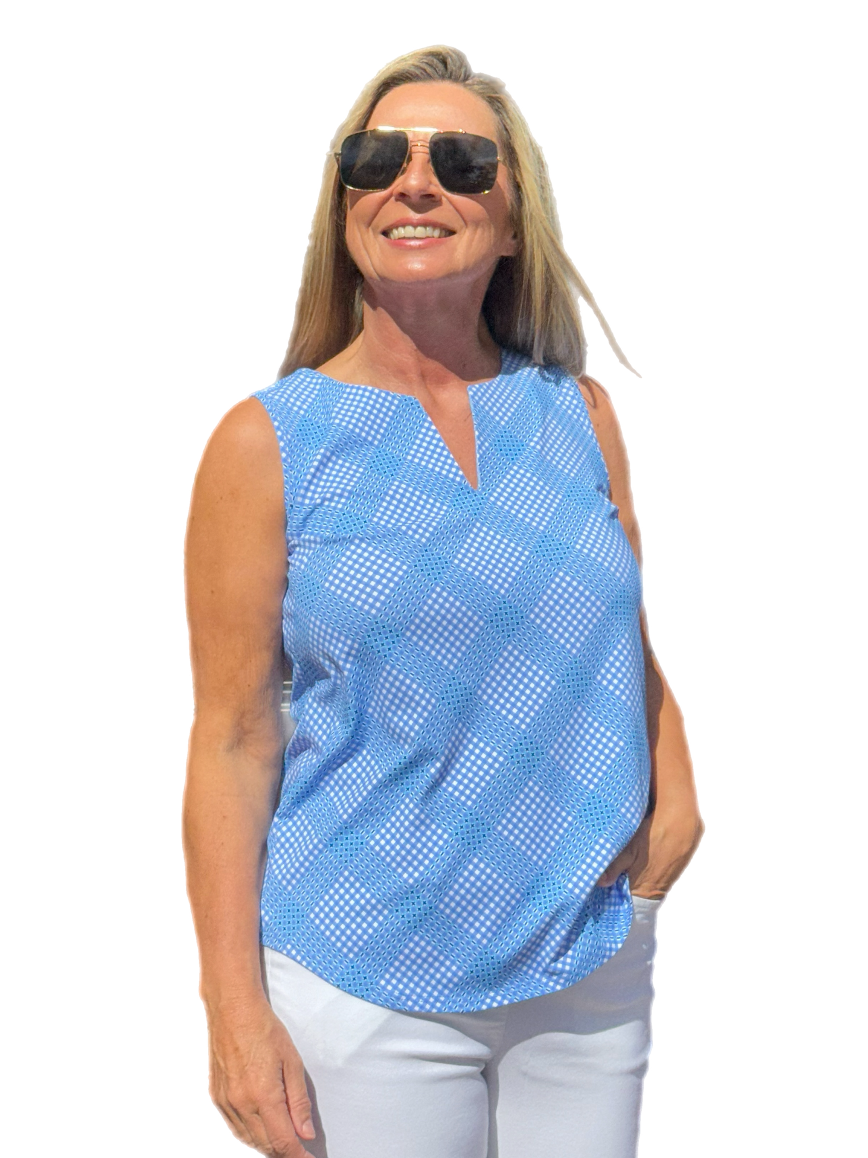 Keyhole Sleeveless Top with UPF50+ Check Periwinkle - Back of the Bay Boutique