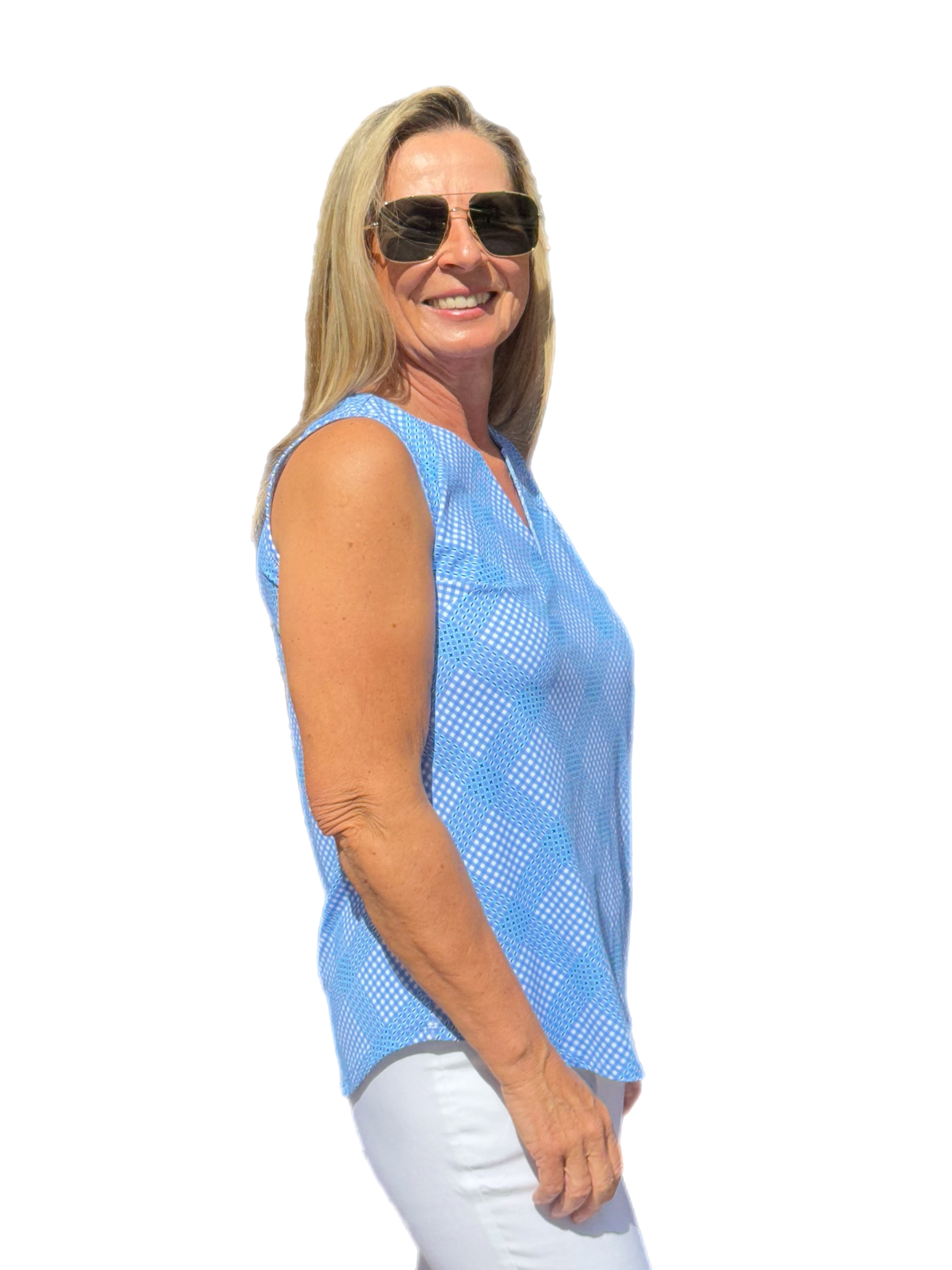 Keyhole Sleeveless Top with UPF50+ Check Periwinkle - Back of the Bay Boutique