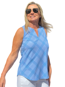 Keyhole Sleeveless Top with UPF50+ Check Periwinkle