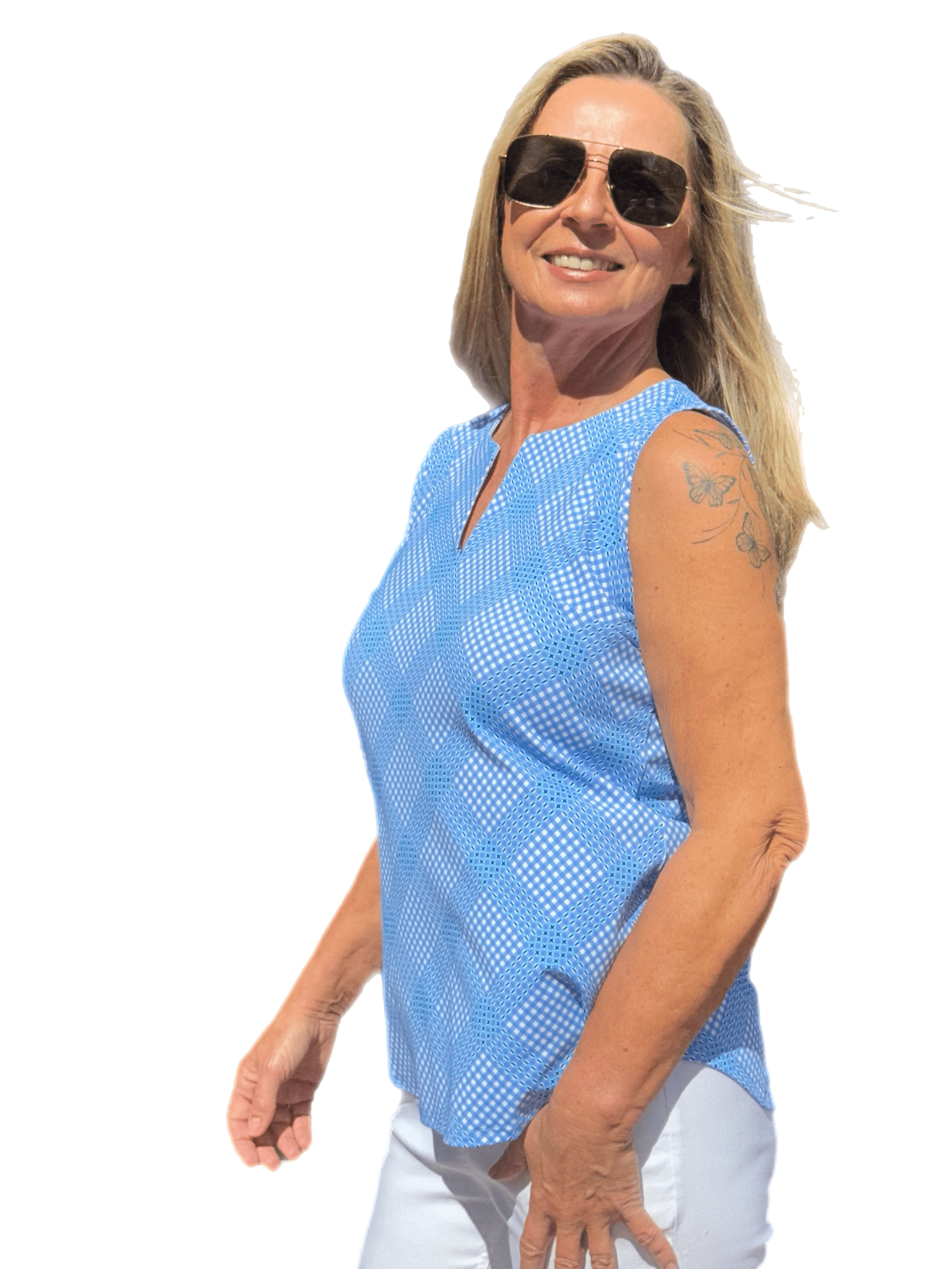 Keyhole Sleeveless Top with UPF50+ Check Periwinkle - Back of the Bay Boutique