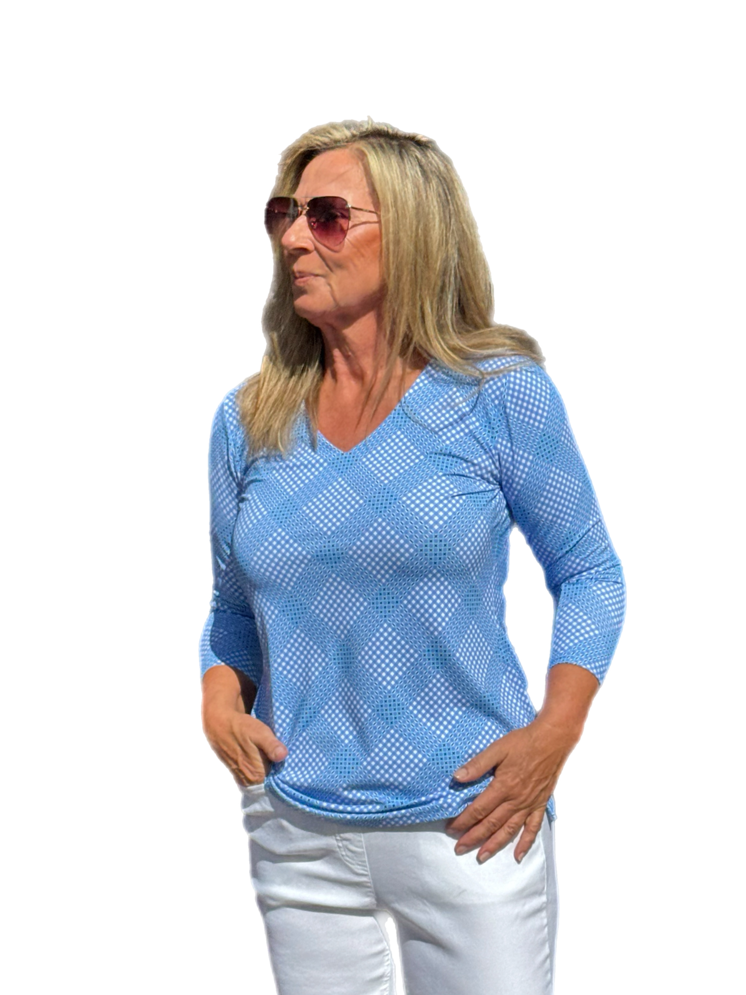 V-Neck Top with UPF50+ Check Periwinkle - Back of the Bay Boutique