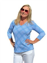 Load image into Gallery viewer, V-Neck Top with UPF50+ Check Periwinkle
