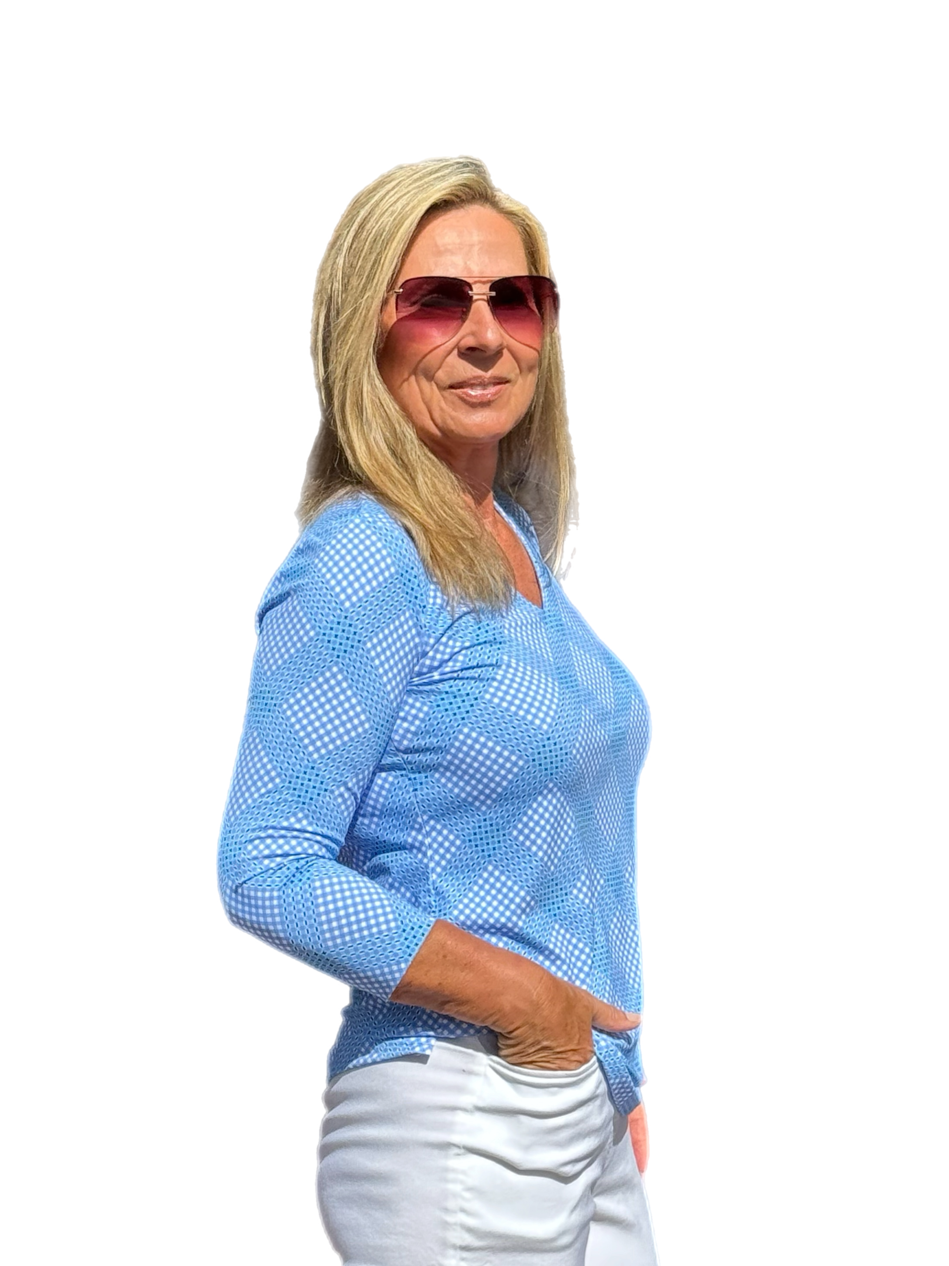 V-Neck Top with UPF50+ Check Periwinkle - Back of the Bay Boutique