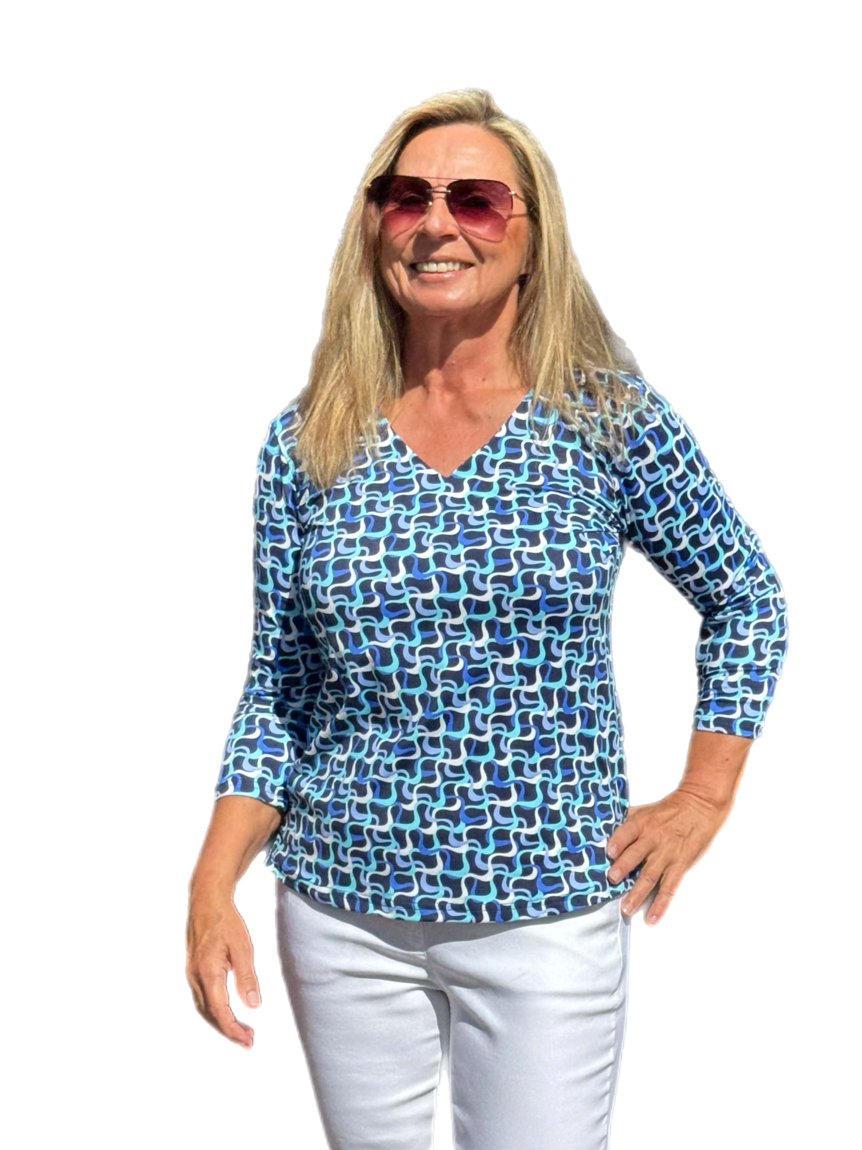 V-Neck Top with UPF50+ Navy Waves - Back of the Bay Boutique