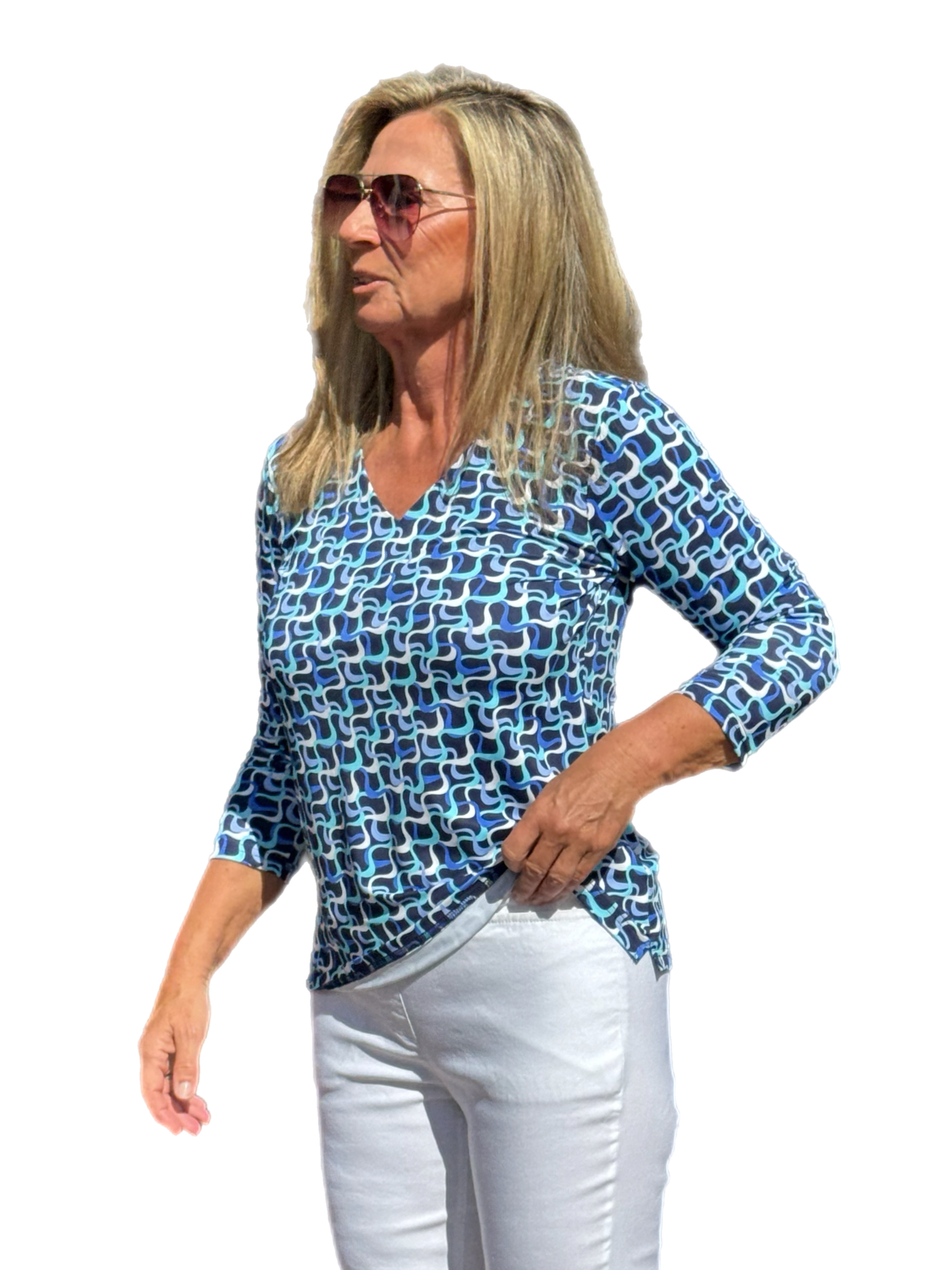 V-Neck Top with UPF50+ Navy Waves - Back of the Bay Boutique