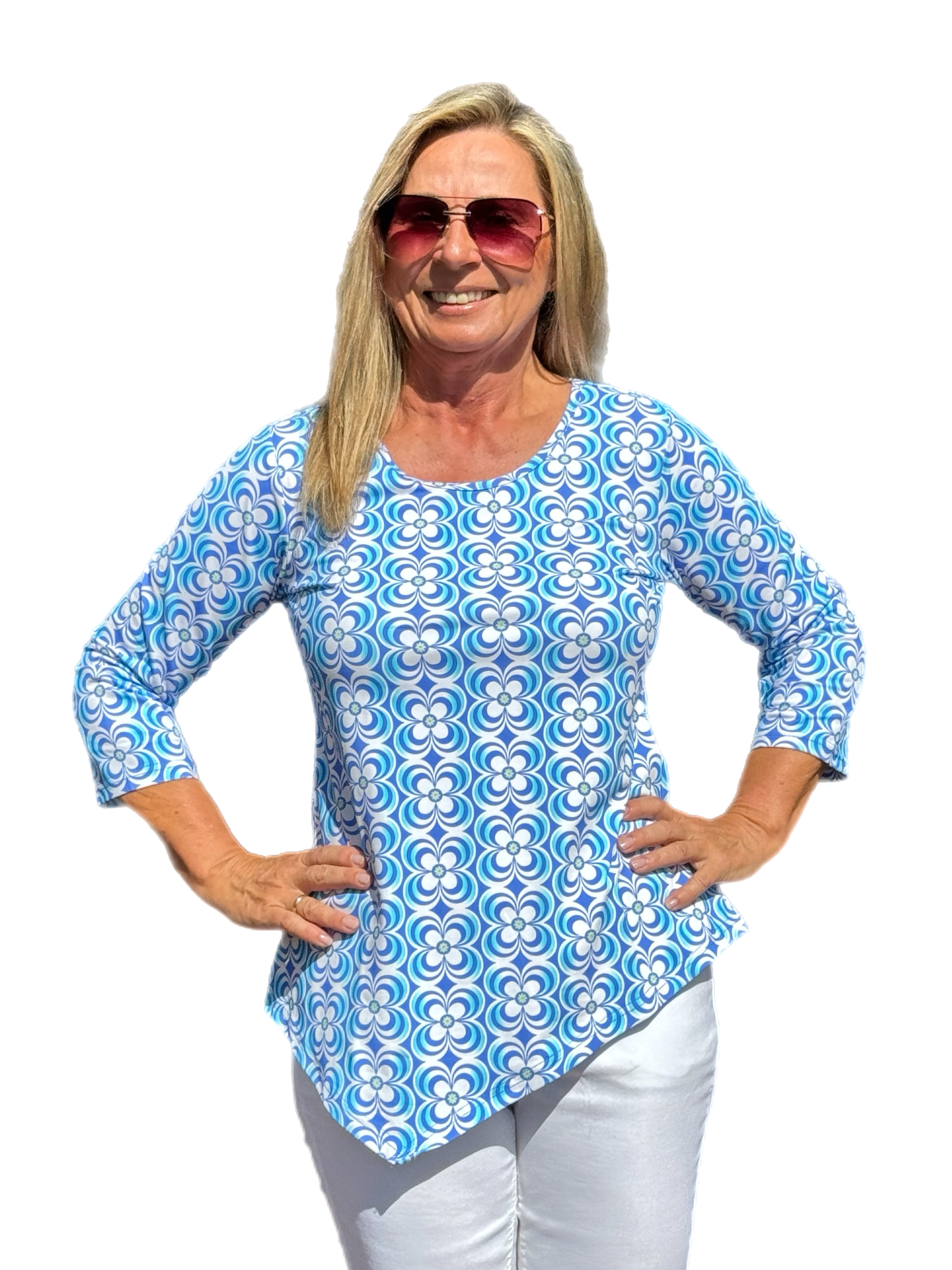 Asymmetrical Hemline Top with UPF50+ Floral Periwinkle - Back of the Bay Boutique