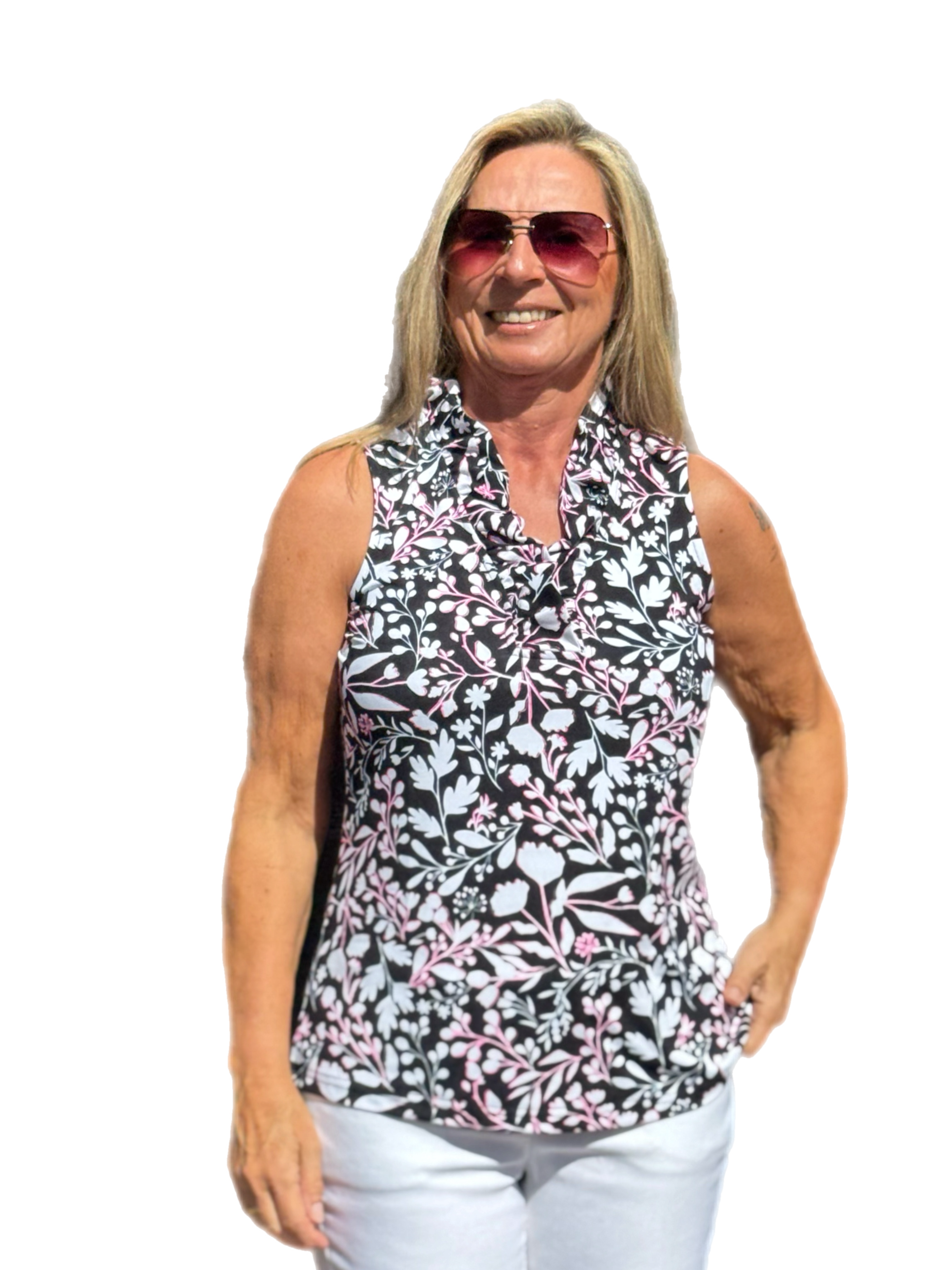 Ruffle-Neck Top with UPF50+ Summer Breeze Black - Back of the Bay Boutique