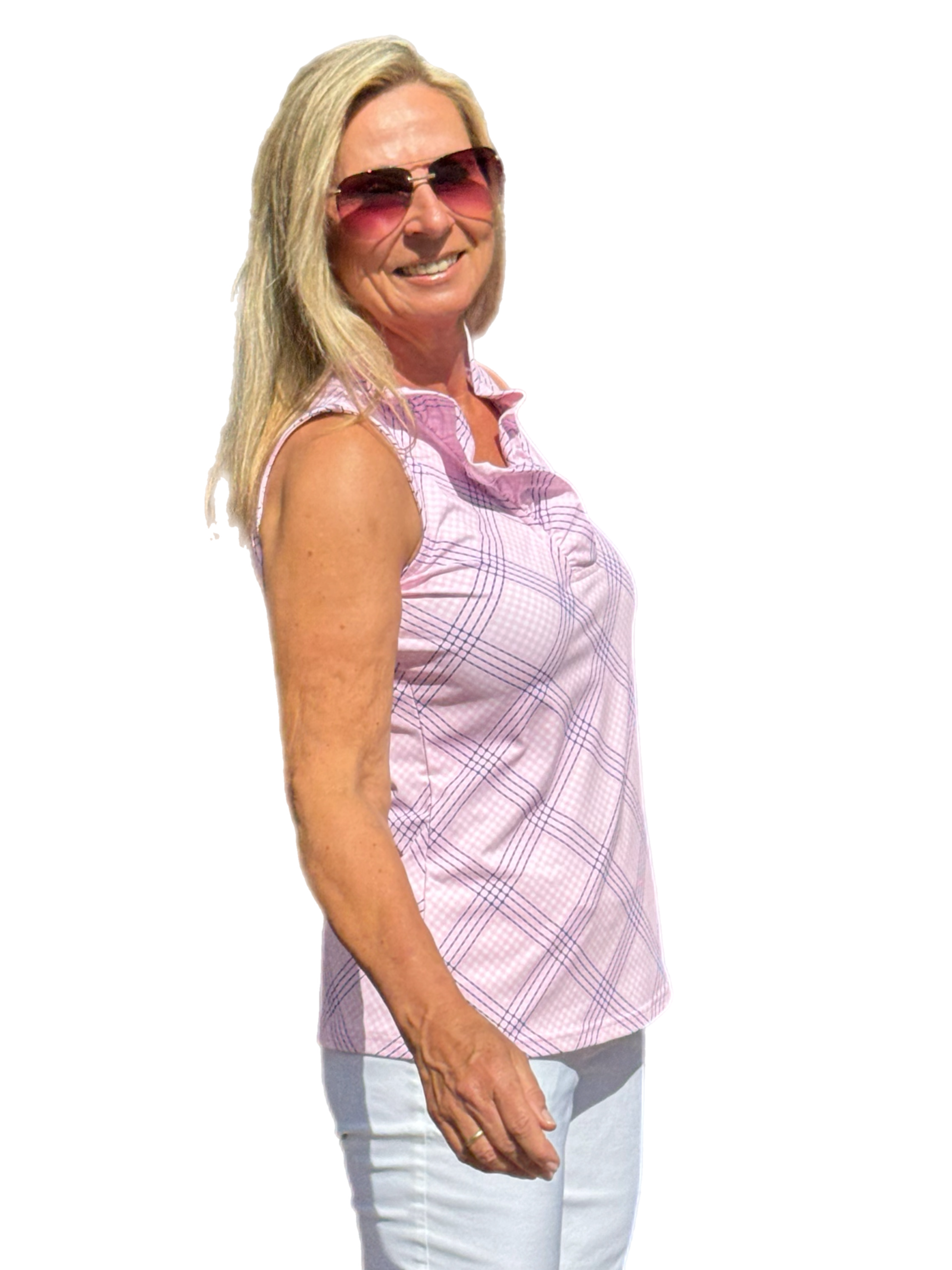 Ruffle-Neck Top with UPF50+ Check Pink - Back of the Bay Boutique