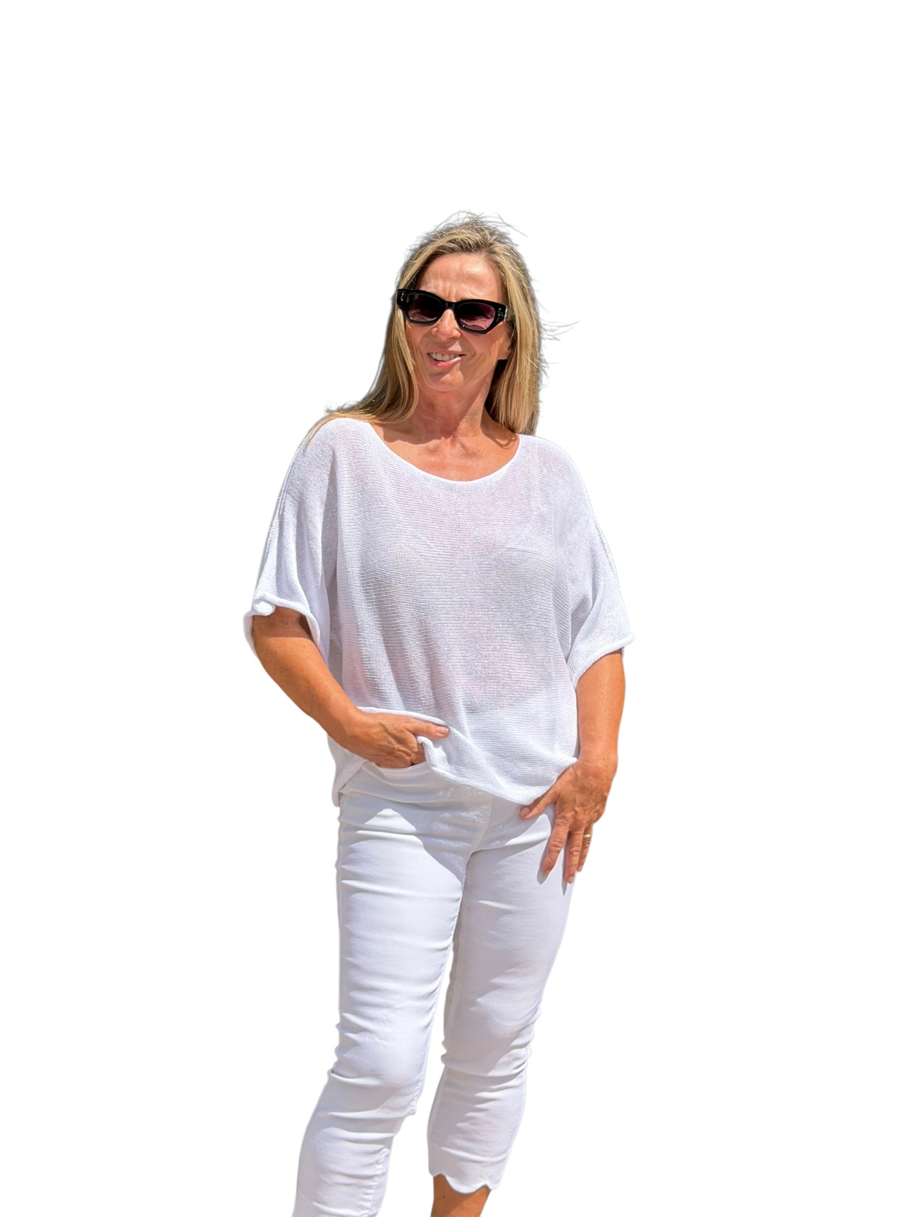 Short Sleeve Knit Sweater White - MADE IN ITALY - Back of the Bay Boutique