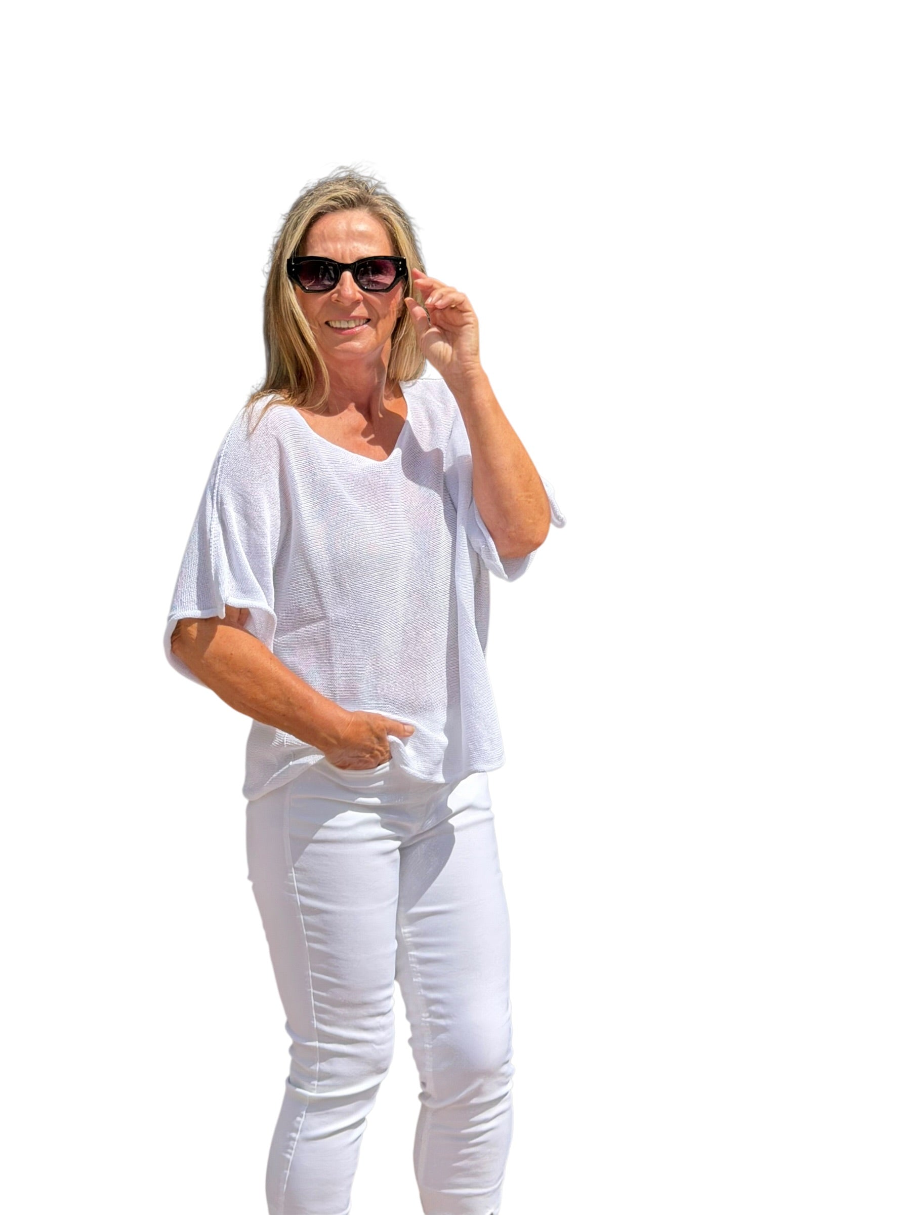 Short Sleeve Knit Sweater White - MADE IN ITALY - Back of the Bay Boutique