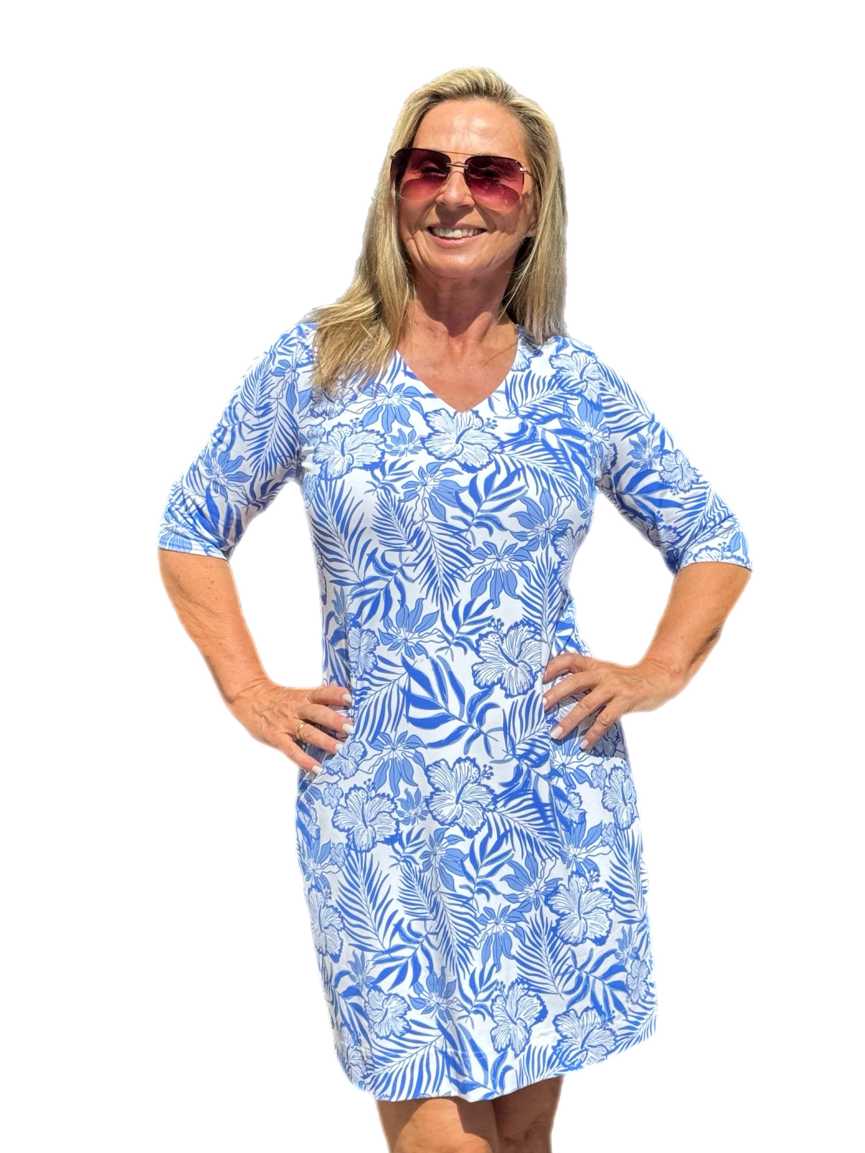 Elbow-Sleeve Travel Dress with UPF50+ Summer Breeze Blue - Back of the Bay Boutique