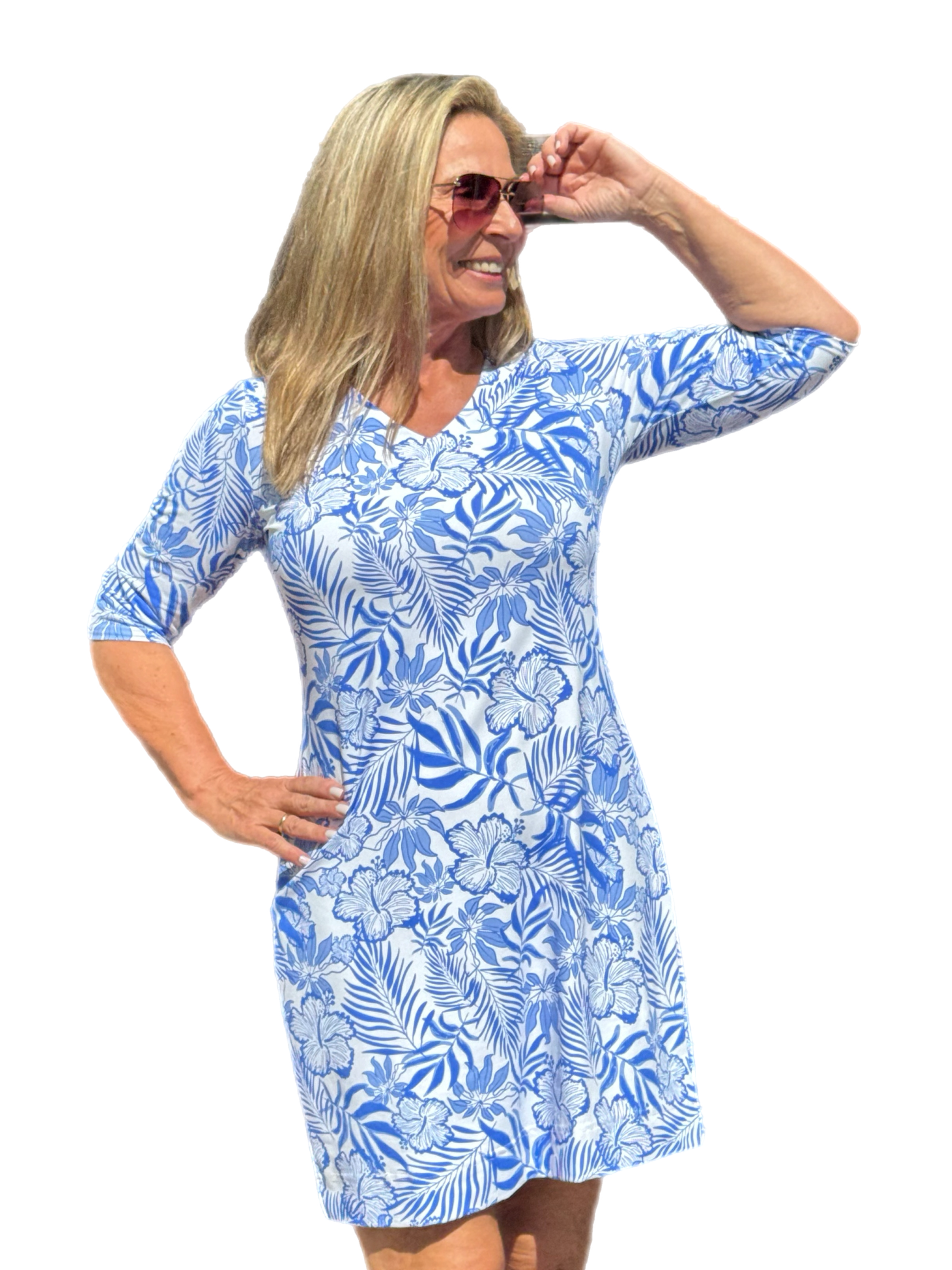 Elbow-Sleeve Travel Dress with UPF50+ Summer Breeze Blue - Back of the Bay Boutique