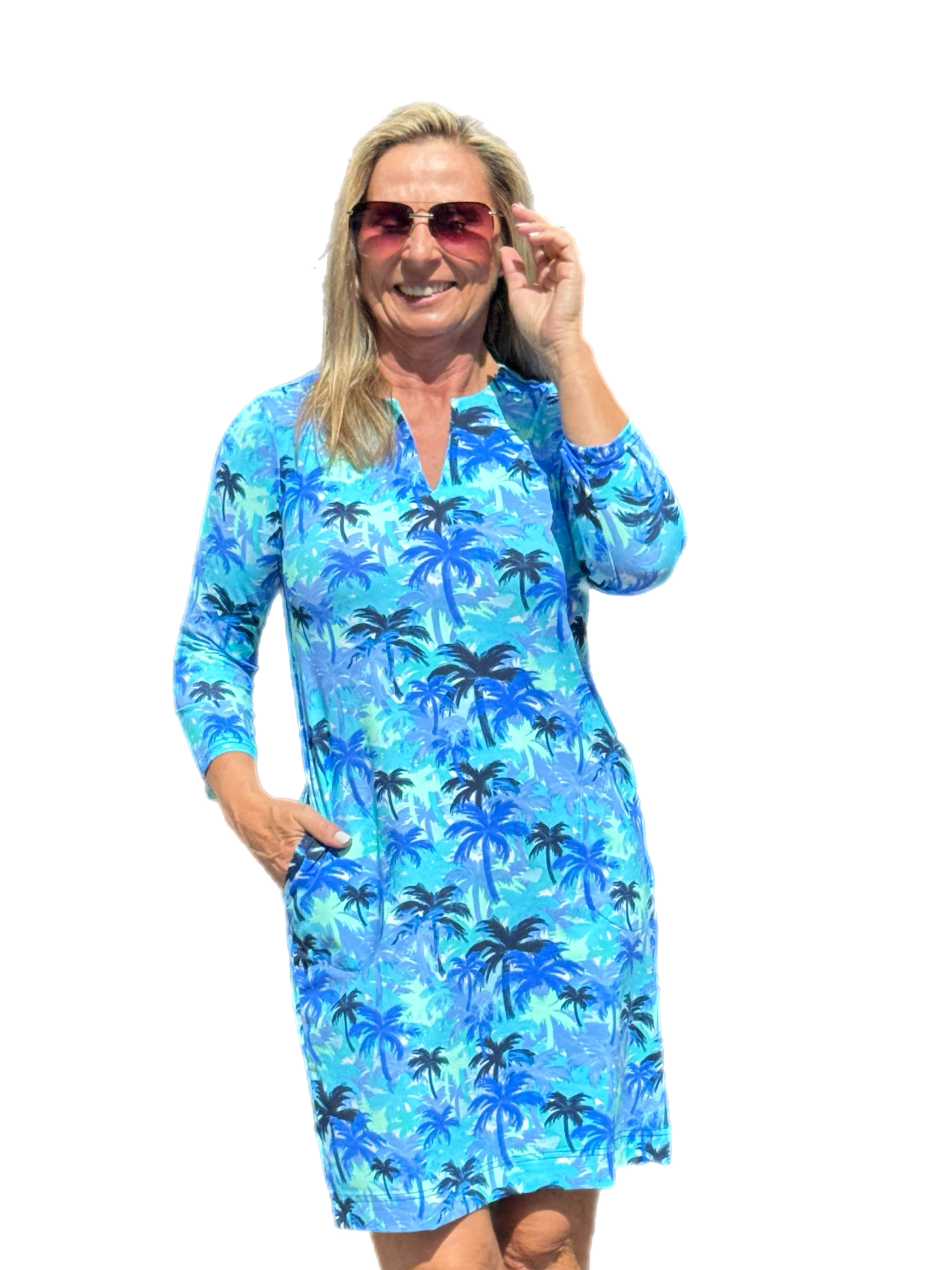 Notched V-Neck Travel Dress with UPF50+ Palm Tree Blue - Back of the Bay Boutique