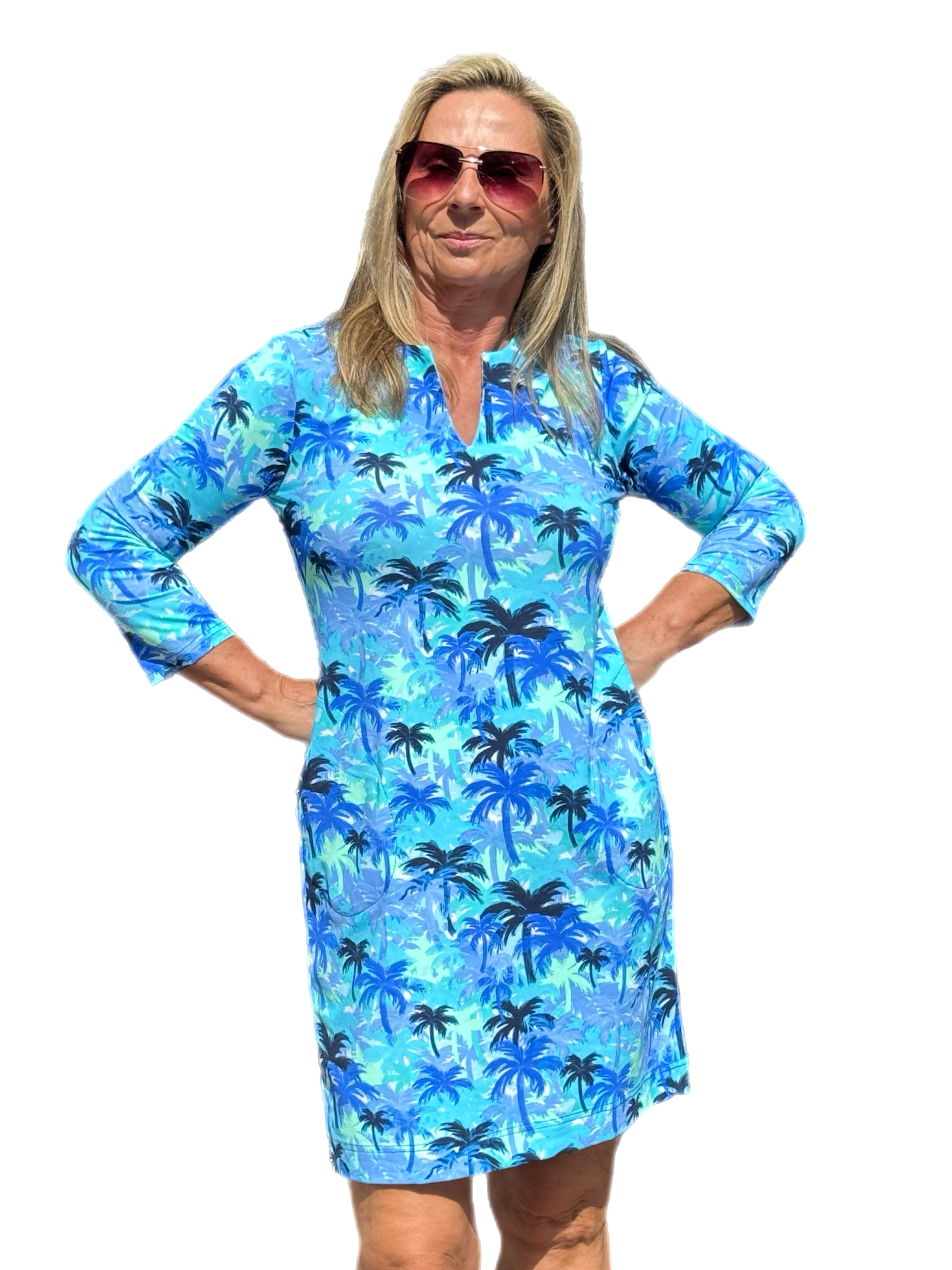 Notched V-Neck Travel Dress with UPF50+ Palm Tree Blue - Back of the Bay Boutique