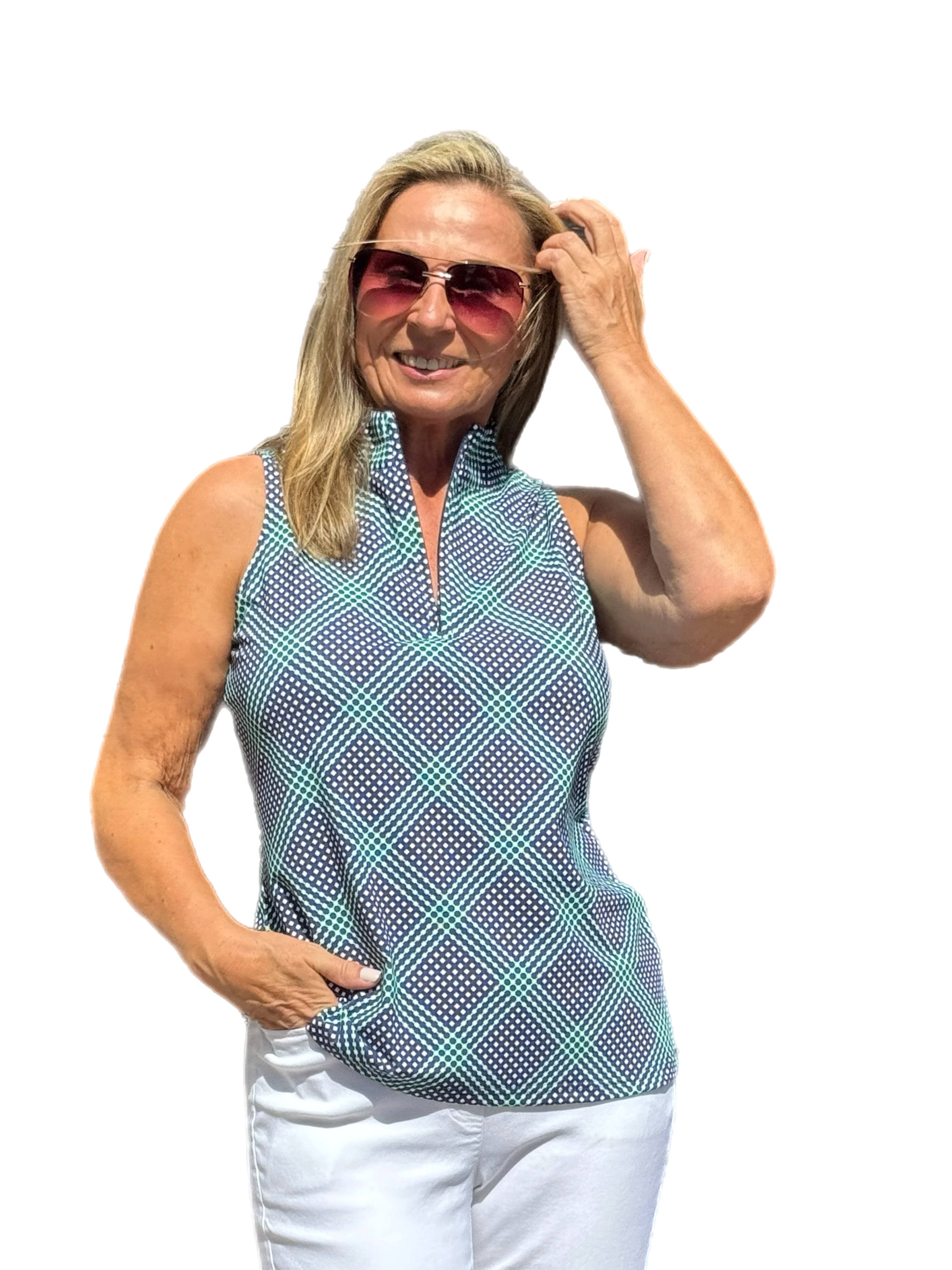 High Zip-Neck Sleeveless Top with UPF50+ Check Navy - Back of the Bay Boutique