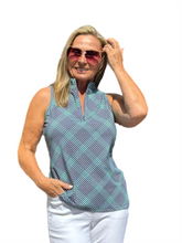 Load image into Gallery viewer, High Zip-Neck Sleeveless Top with UPF50+ Check Navy - Back of the Bay Boutique
