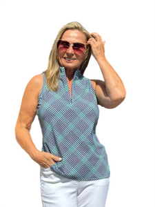 High Zip-Neck Sleeveless Top with UPF50+ Check Navy - Back of the Bay Boutique