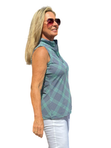 High Zip-Neck Sleeveless Top with UPF50+ Check Navy - Back of the Bay Boutique