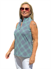 Load image into Gallery viewer, High Zip-Neck Sleeveless Top with UPF50+ Check Navy - Back of the Bay Boutique
