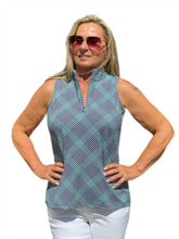 Load image into Gallery viewer, High Zip-Neck Sleeveless Top with UPF50+ Check Navy - Back of the Bay Boutique
