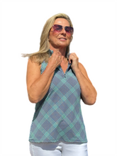 Load image into Gallery viewer, High Zip-Neck Sleeveless Top with UPF50+ Check Navy - Back of the Bay Boutique
